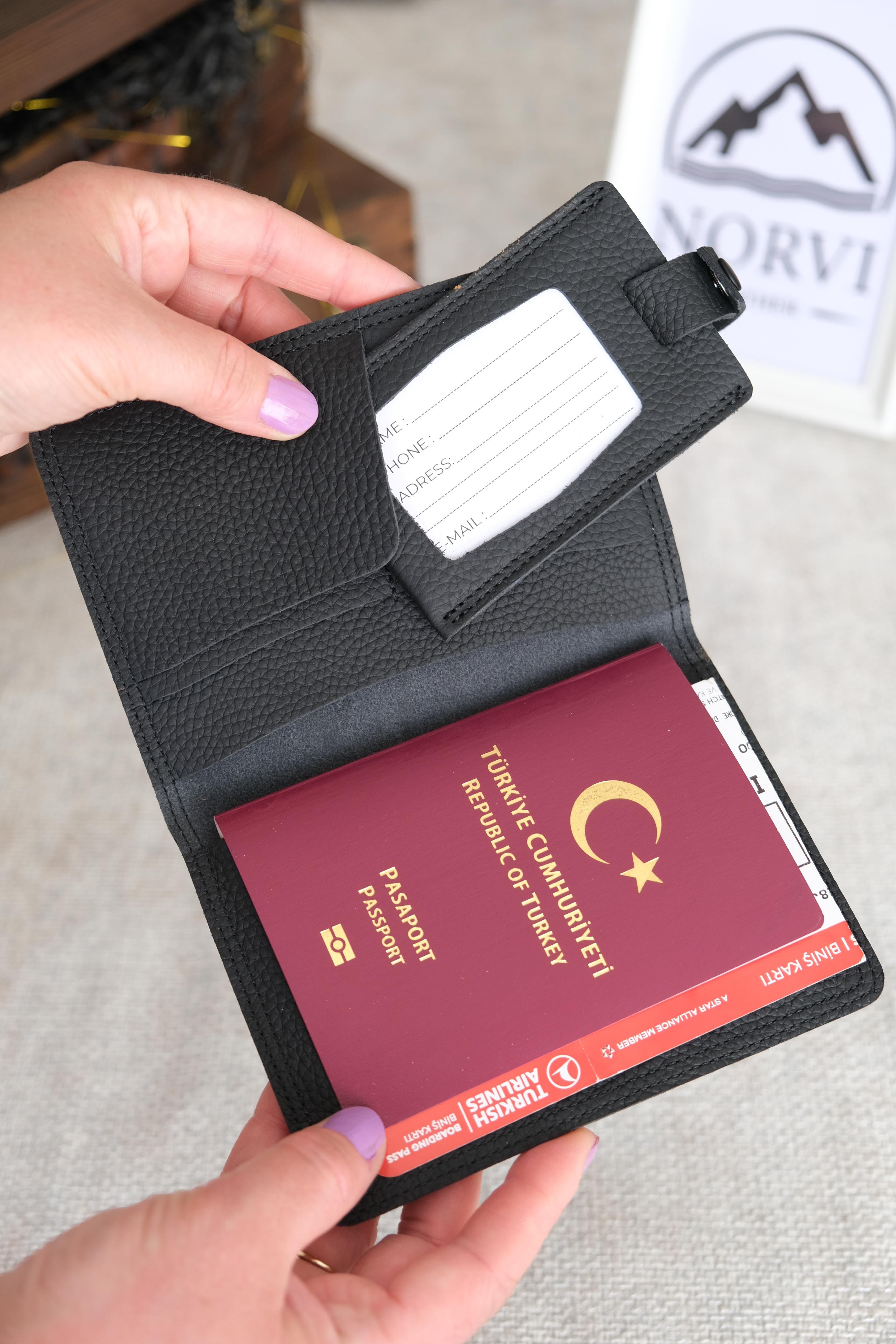 Hakiki Deri Pasaport Kılıfı ve Valiz Etiketi Siyah 1118