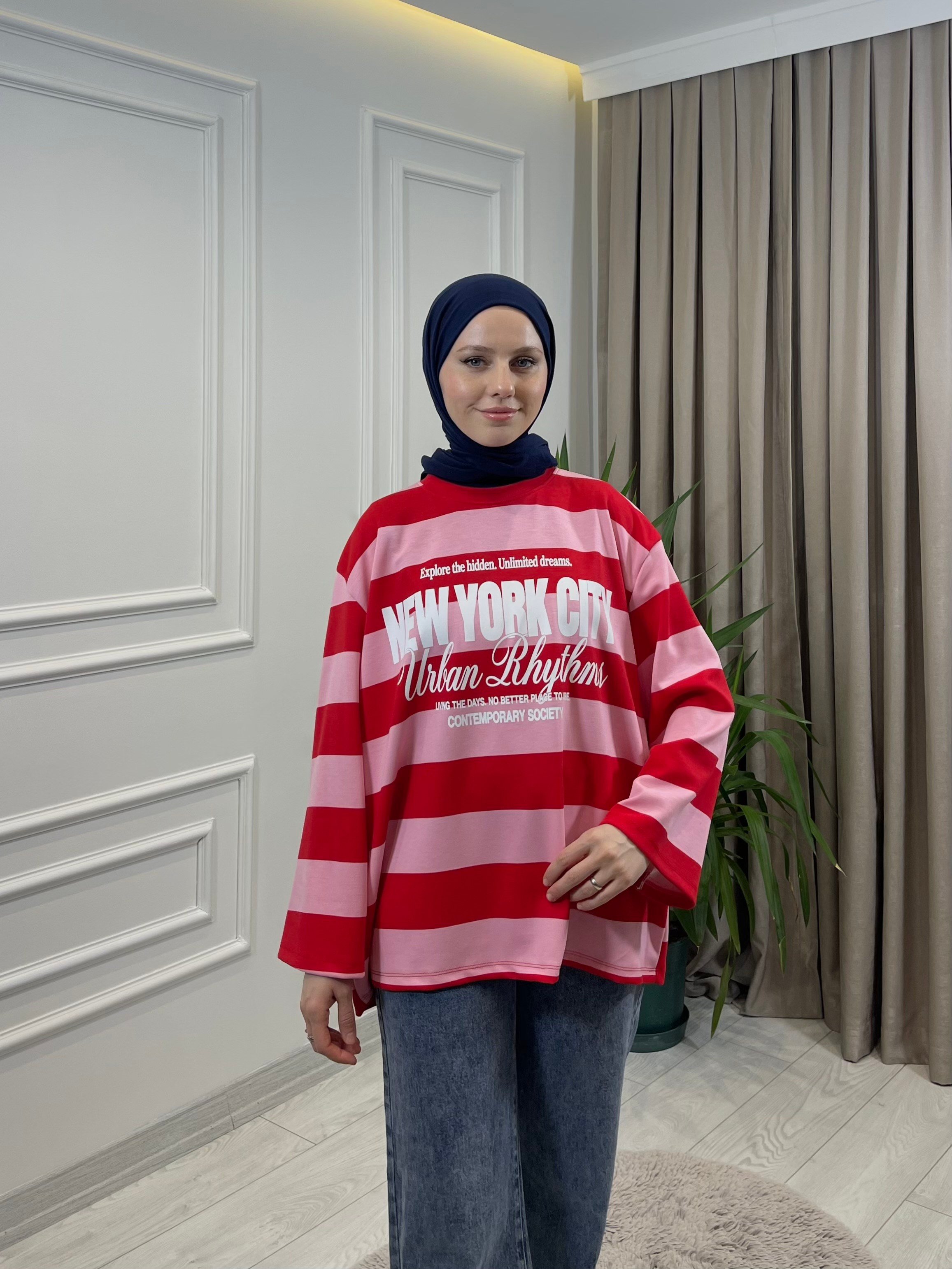 BASKILI SWEAT KIRMIZI-PEMBE