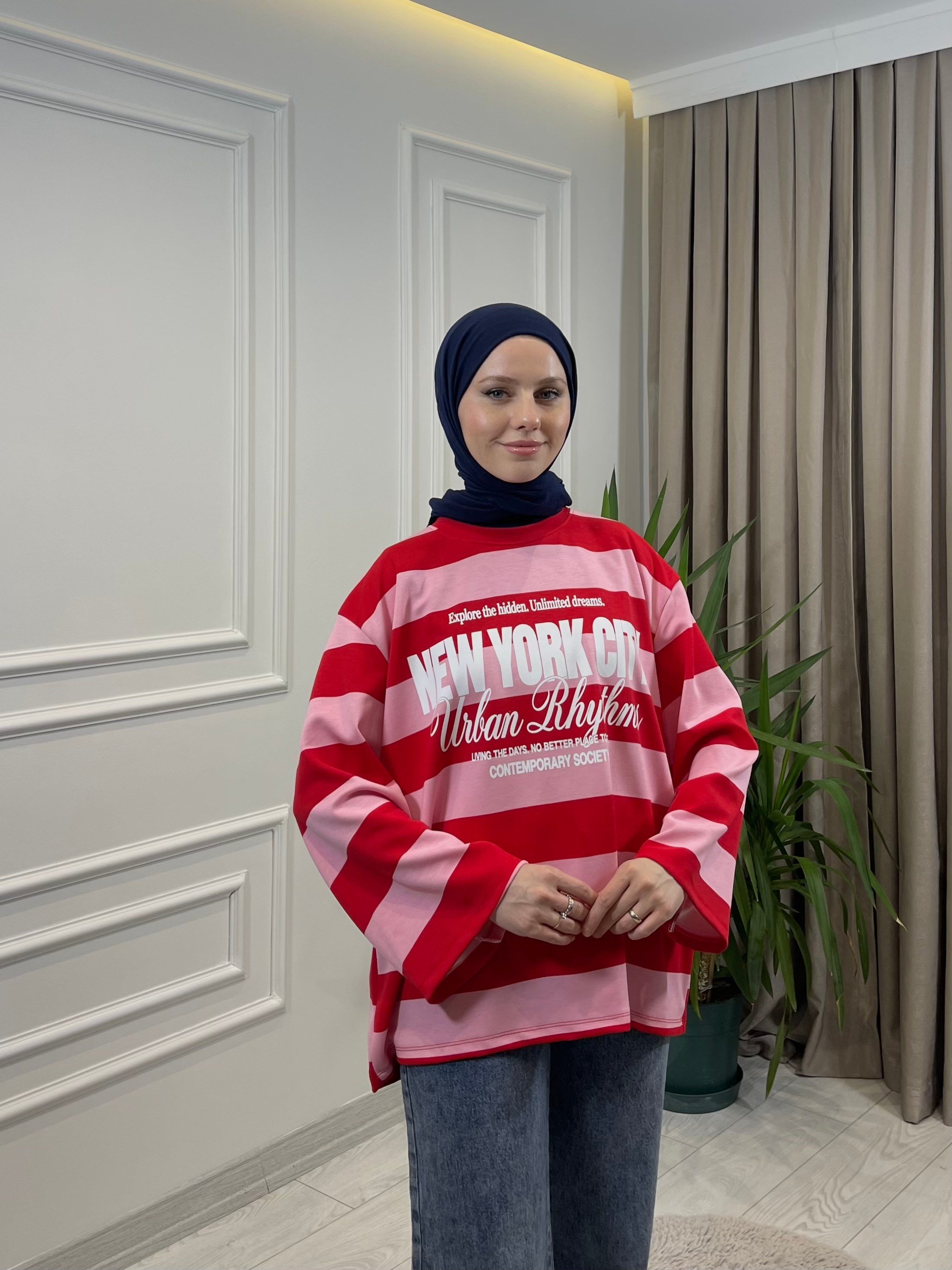 BASKILI SWEAT KIRMIZI-PEMBE