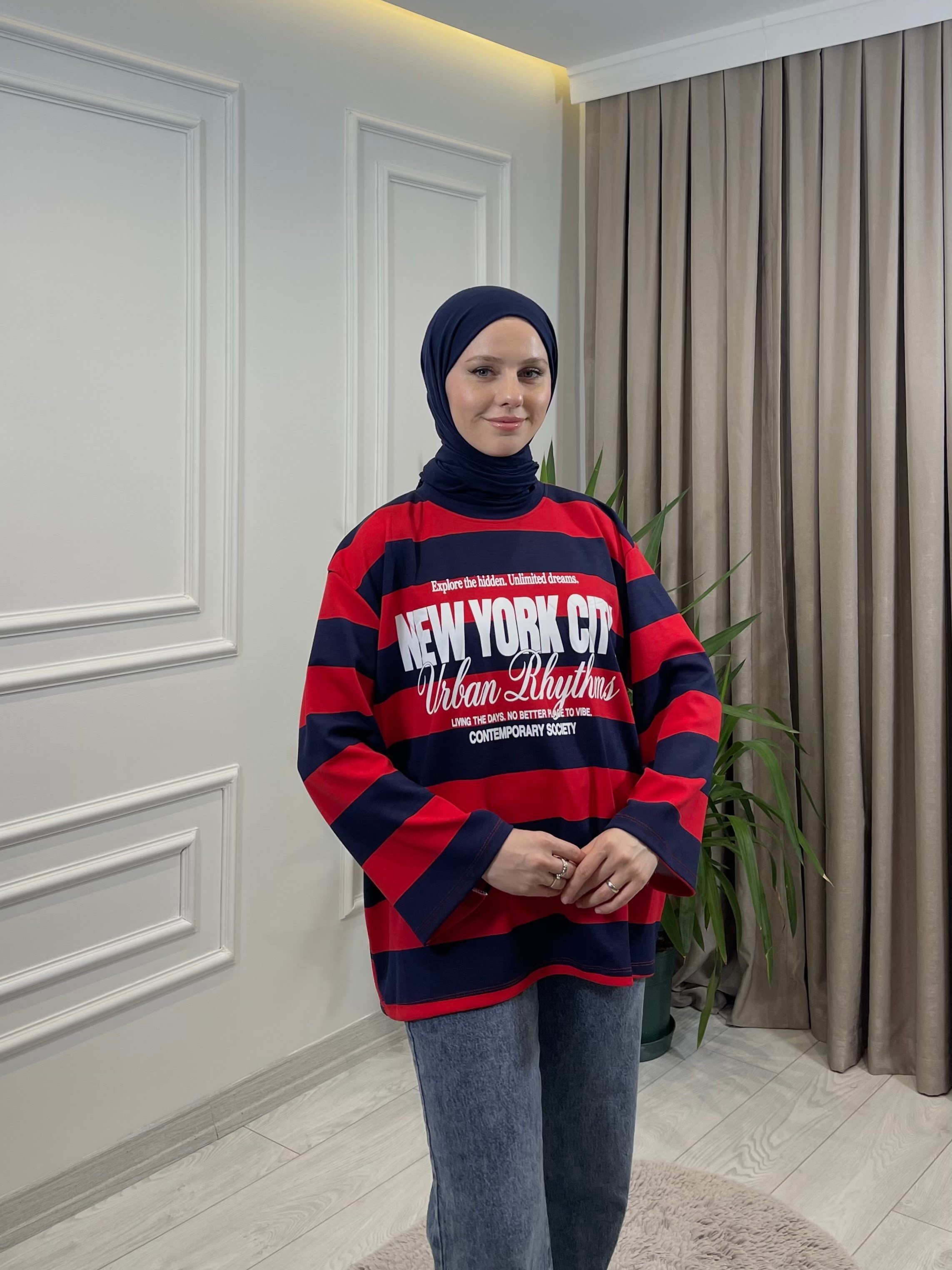 BASKILI SWEAT LACİVERT-KIRMIZI