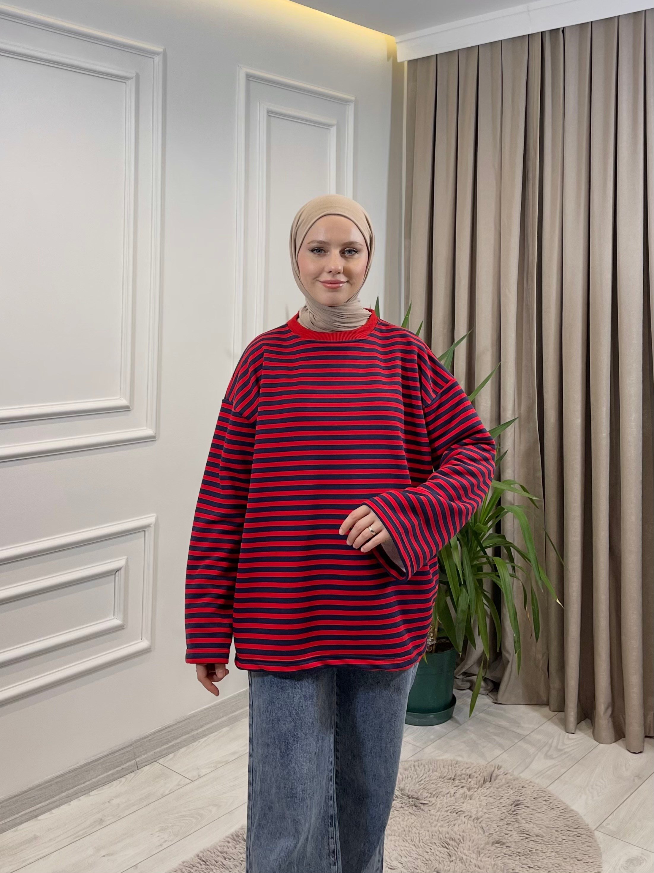 ÇİZGİLİ SWEAT LACİVERT-KIRMIZI