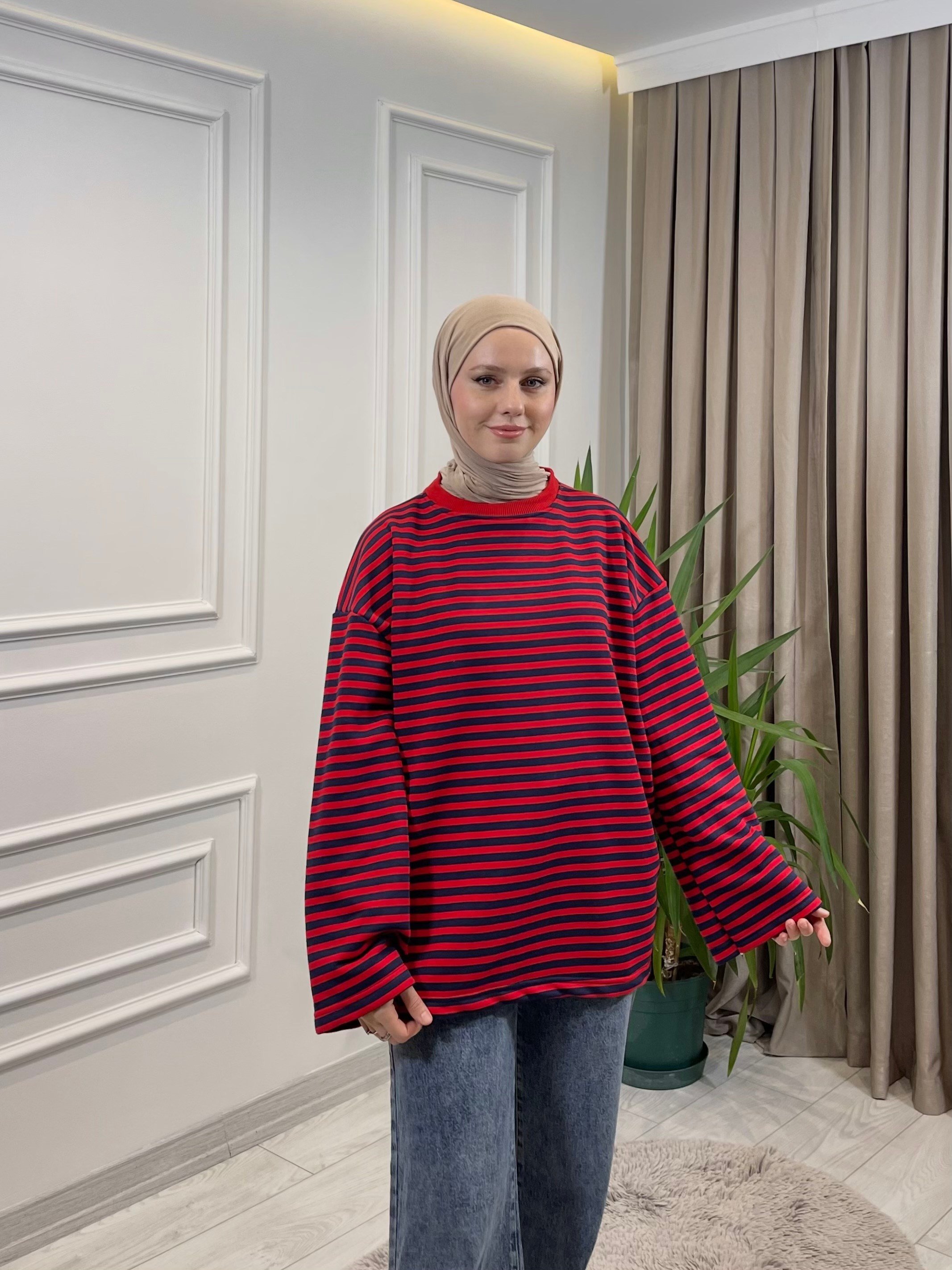 ÇİZGİLİ SWEAT LACİVERT-KIRMIZI
