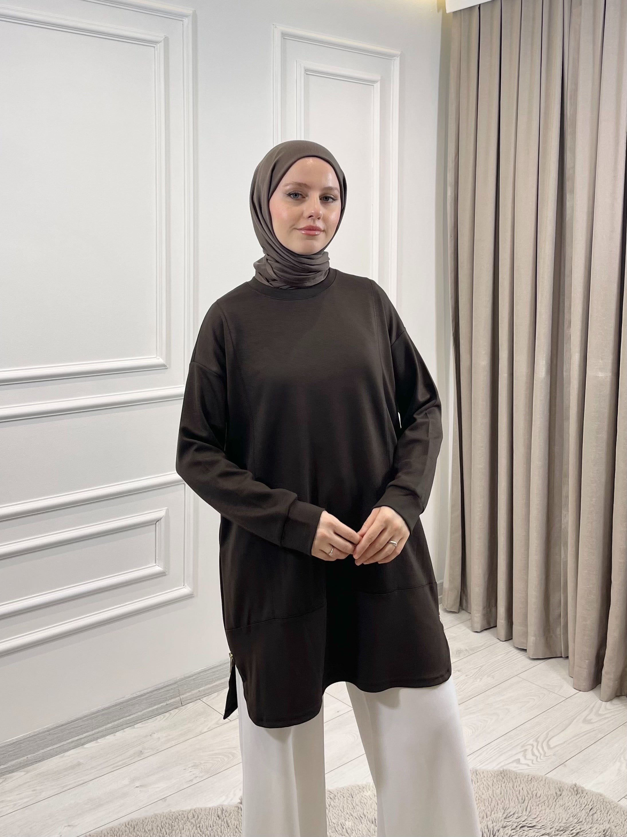 YANLARI FERMUARLI TUNİK KAHVERENGİ