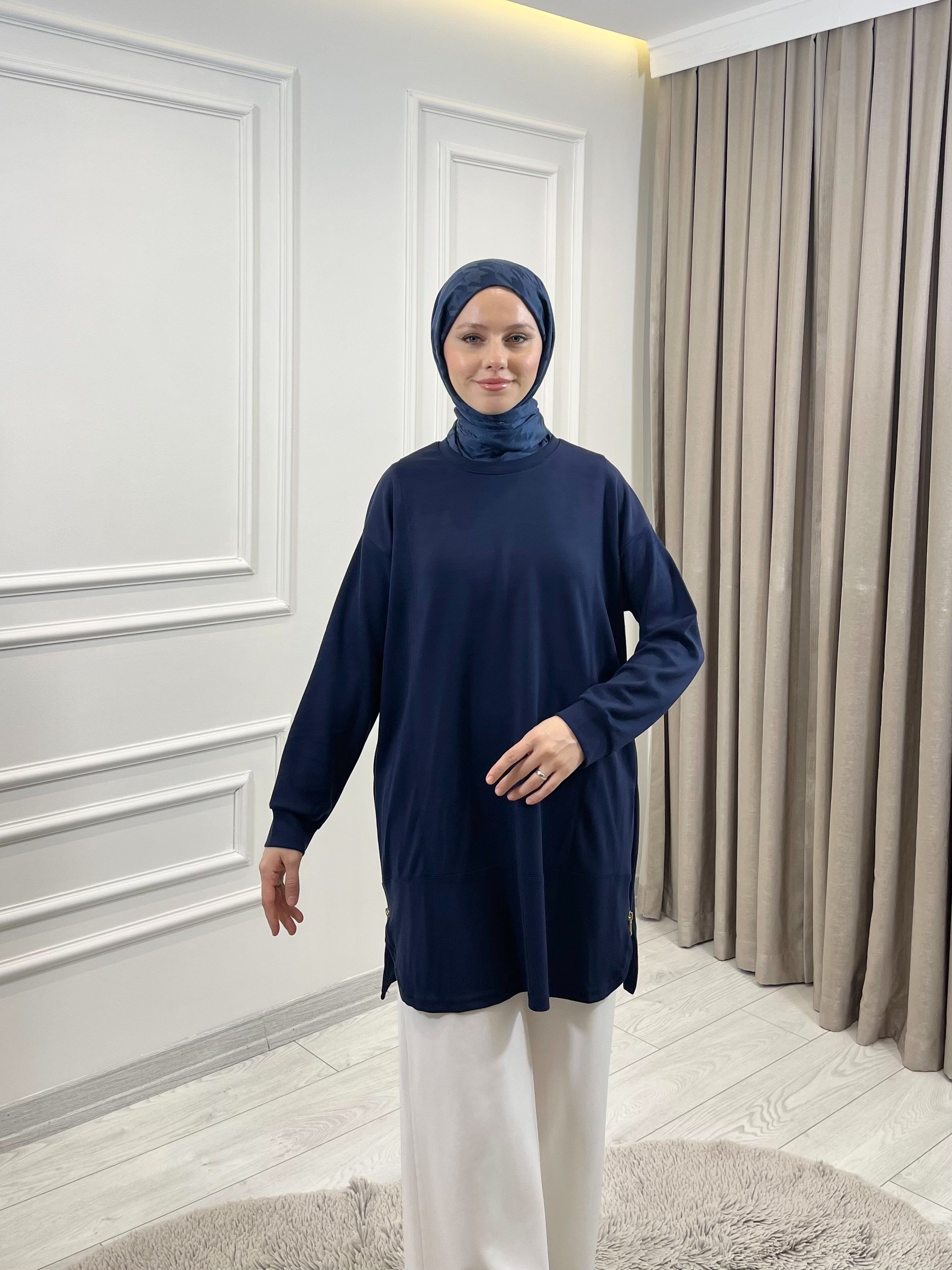 YANLARI FERMUARLI TUNİK LACİVERT