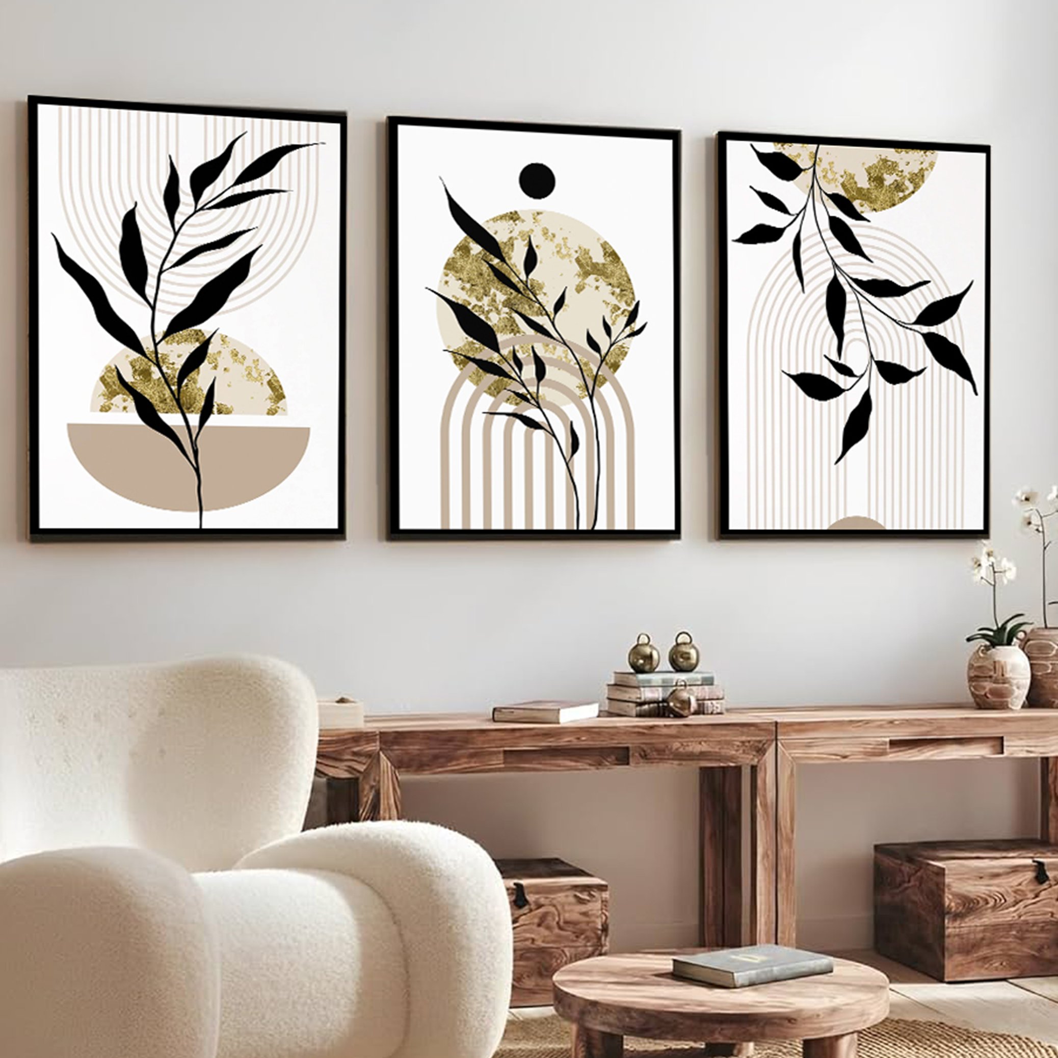 Bohem Yaprak Detay Geometrik Gold Tablo KZY-BHM-234