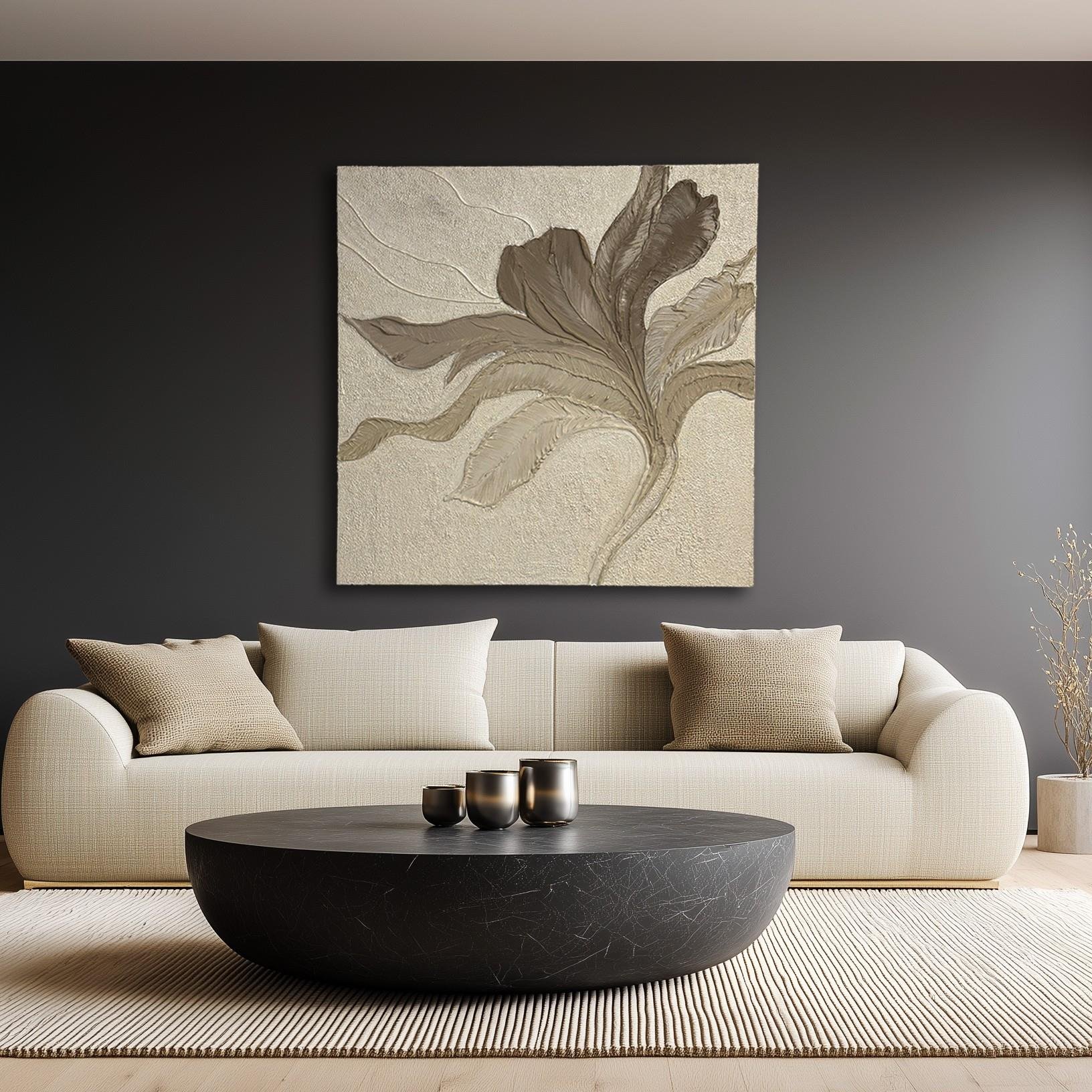 Gri Çiçek Detay Kabartmalı Yağlıboya Duvar Aksesuarı I KZY-EXC-458
