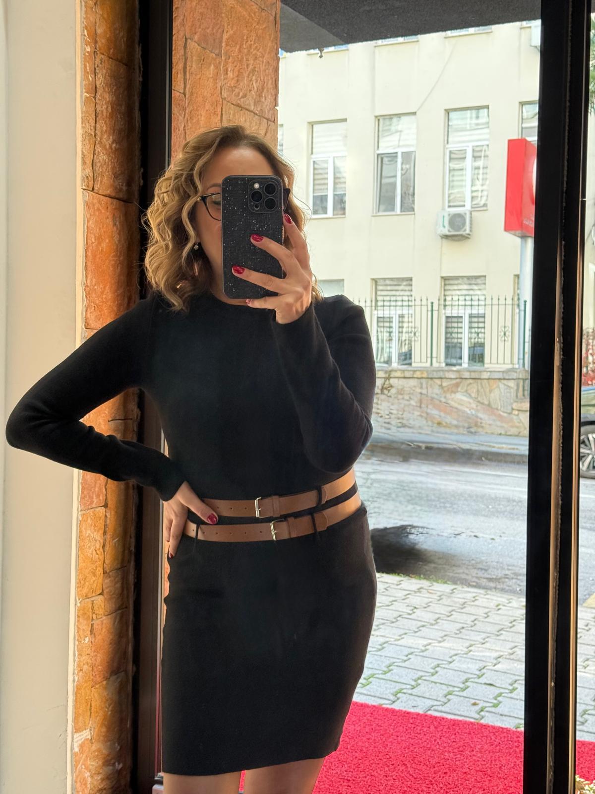 Çift Kemerli Triko Mini Elbise Yeni