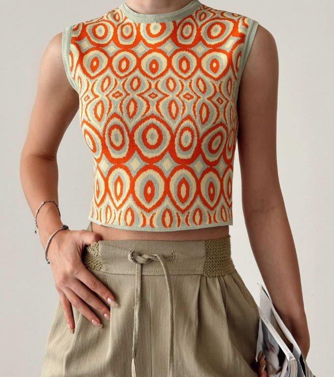 Desenli Çelik Örme Kısa Bluz