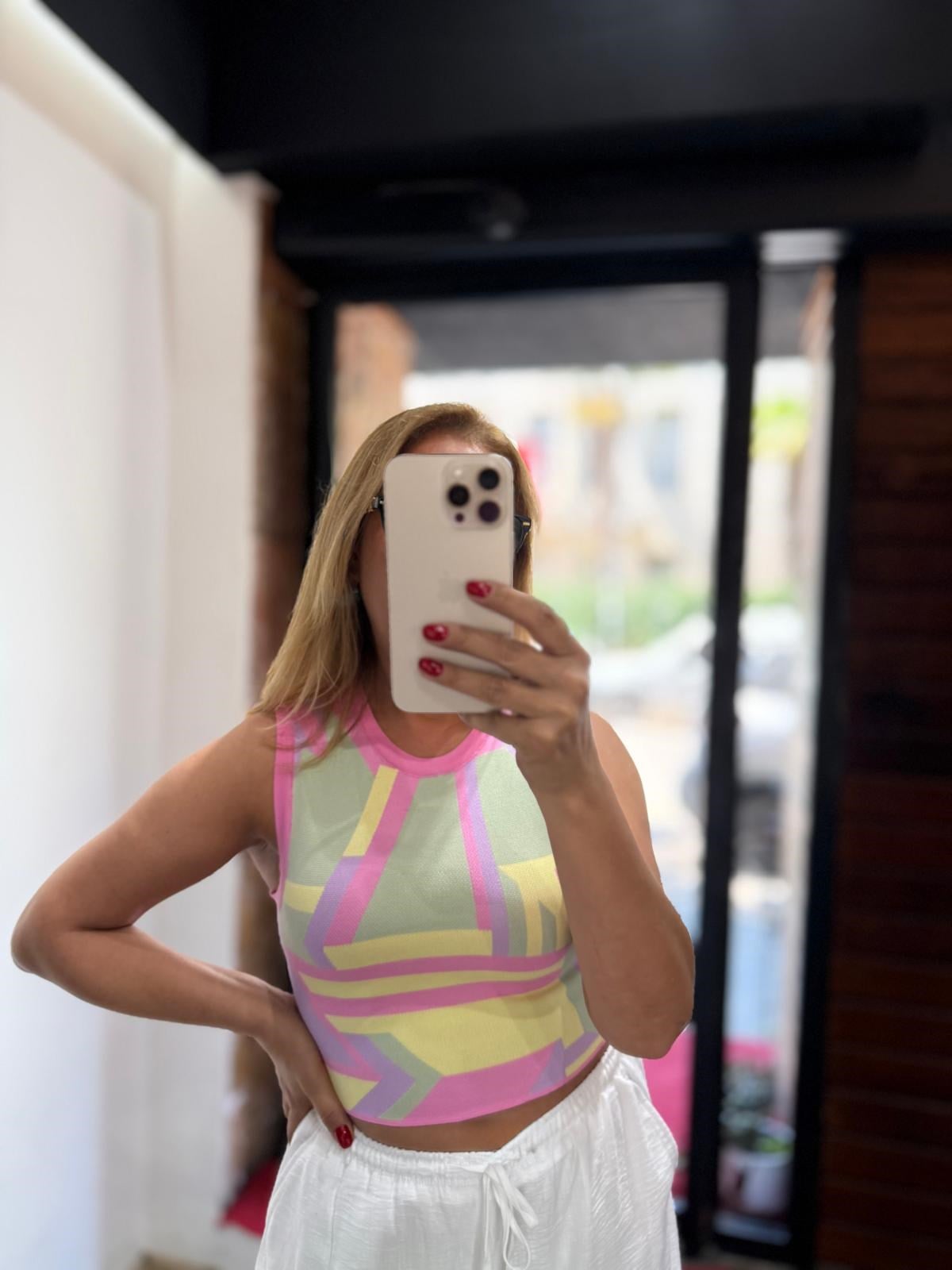 Desenli Çelik Örme Kısa Bluz Pembe