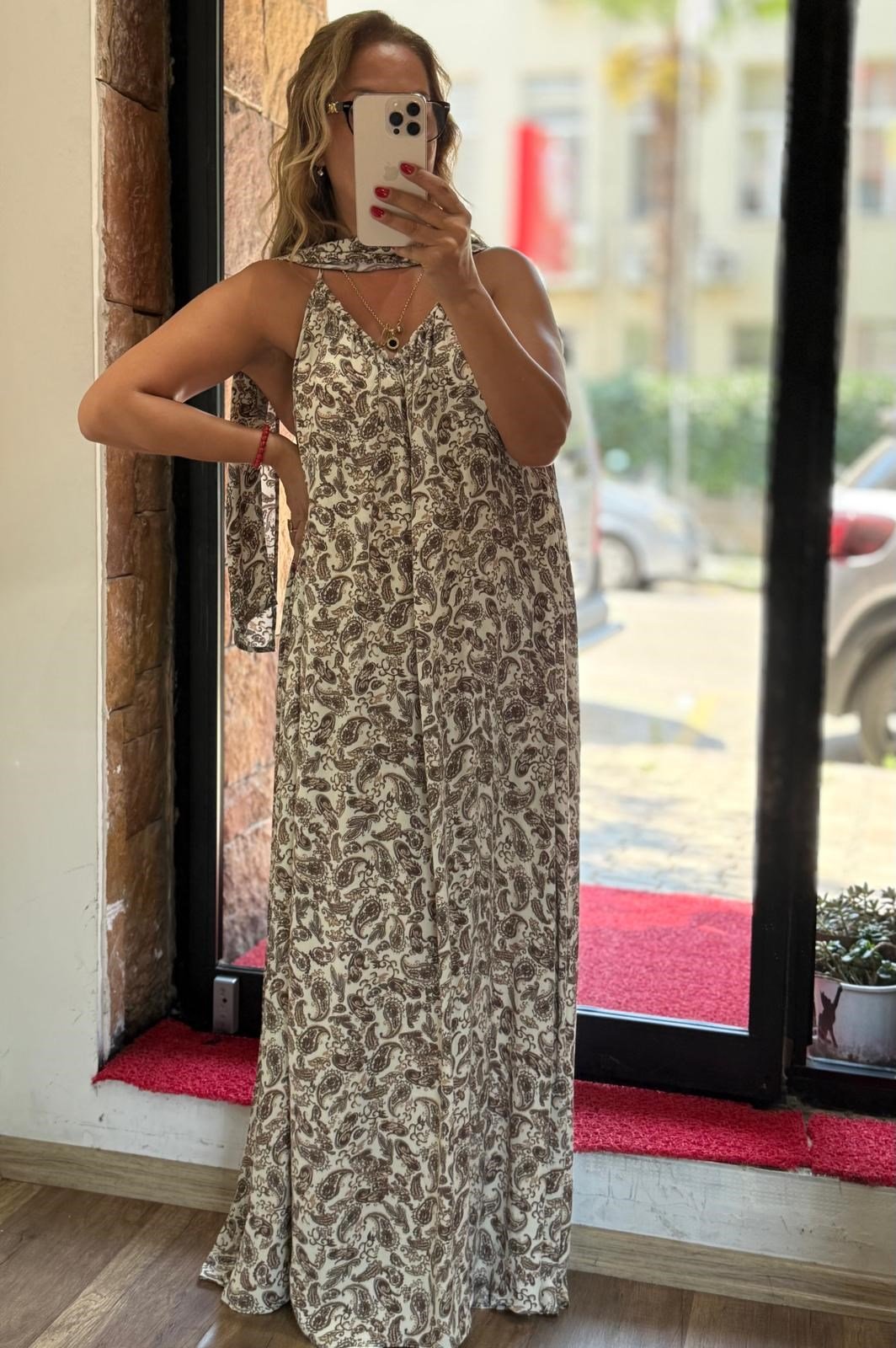 Desenli Şal Detaylı Maxi Elbise