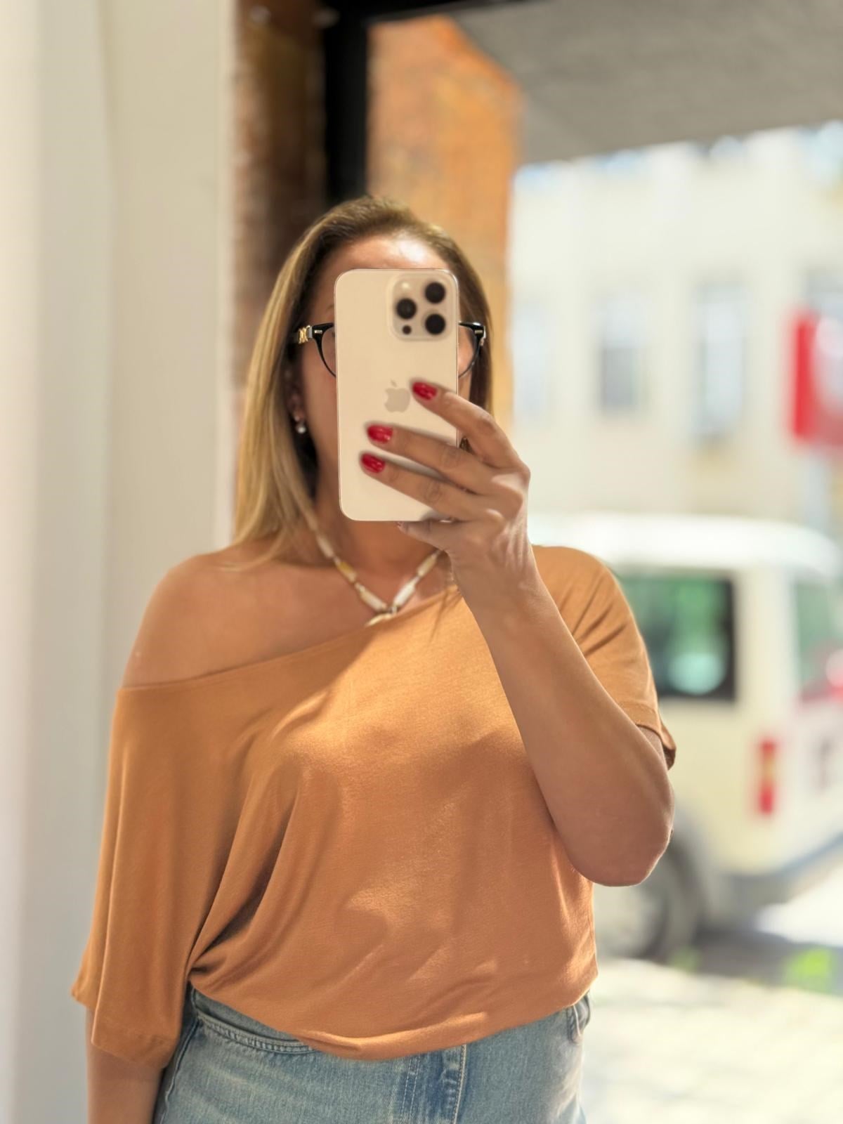 Düşük Omuz Basic Tişört Tarçın