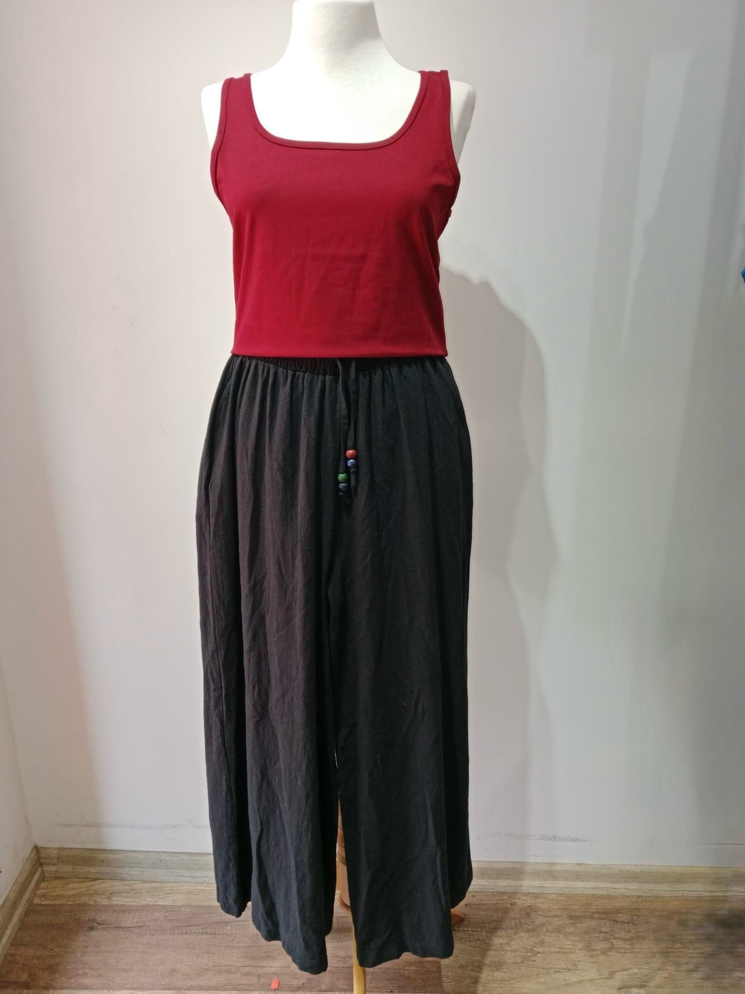 Keten Boncuklu Beli Lastikli Bol Paça Pantolon Siyah