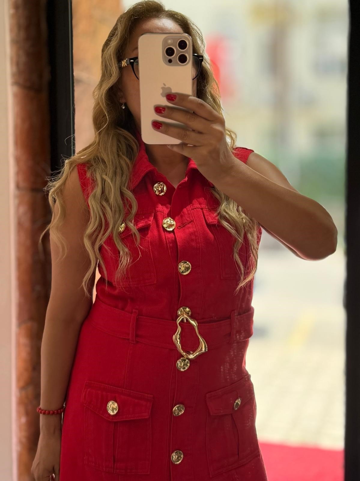 Kırmızı Jean Gold Düğmeli Kemerli Elbise