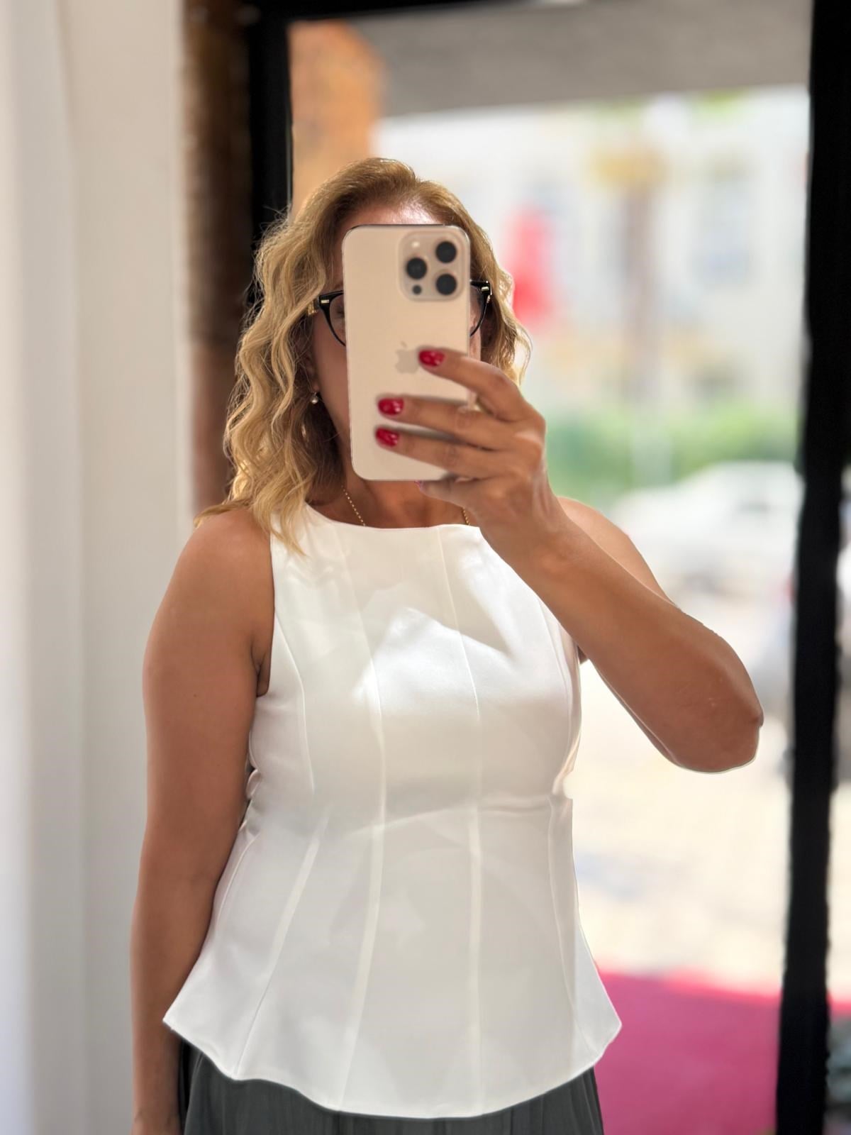 Lamineli Kalın Askılı Bluz Beyaz