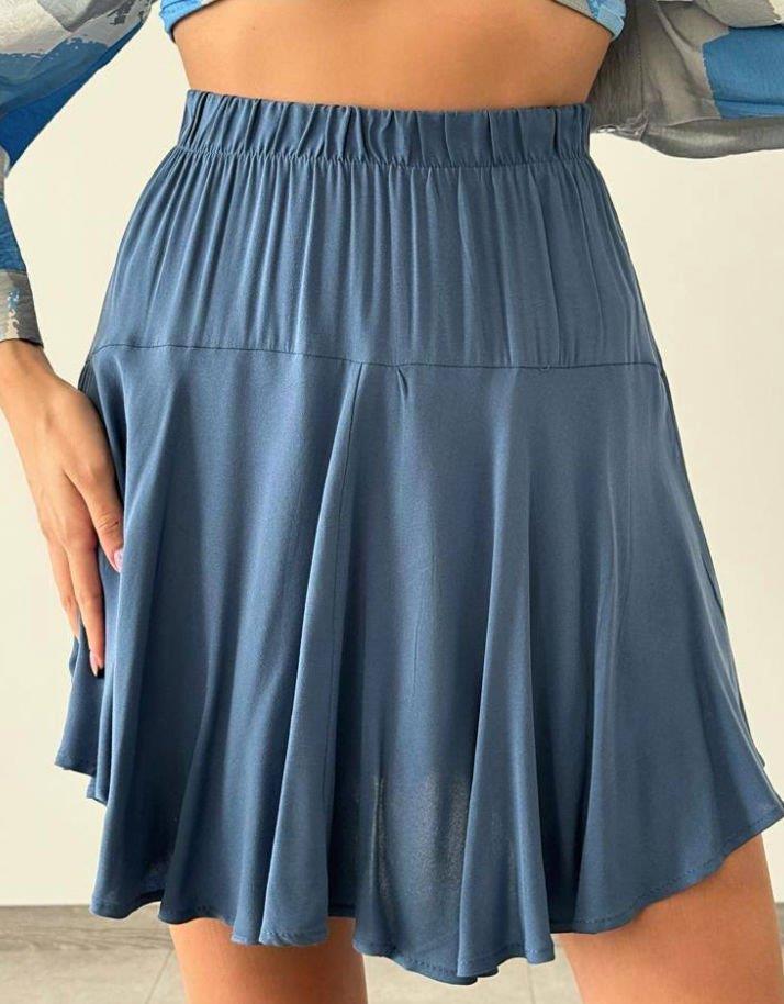 Mavi Şortlu Beli Lastikli Mini Etek