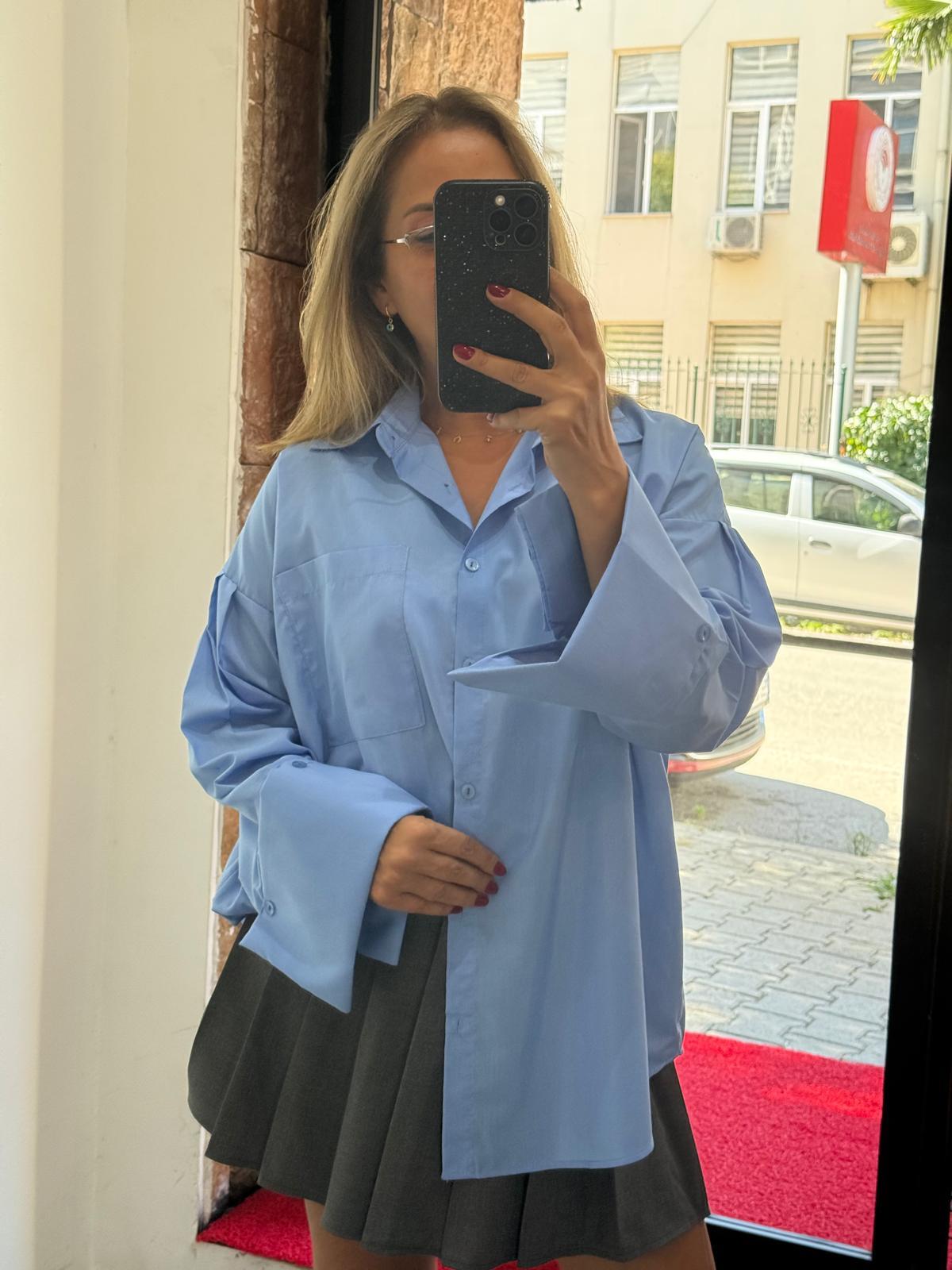 Poplin Kalın Manşet Gömlek Mavi Yeni