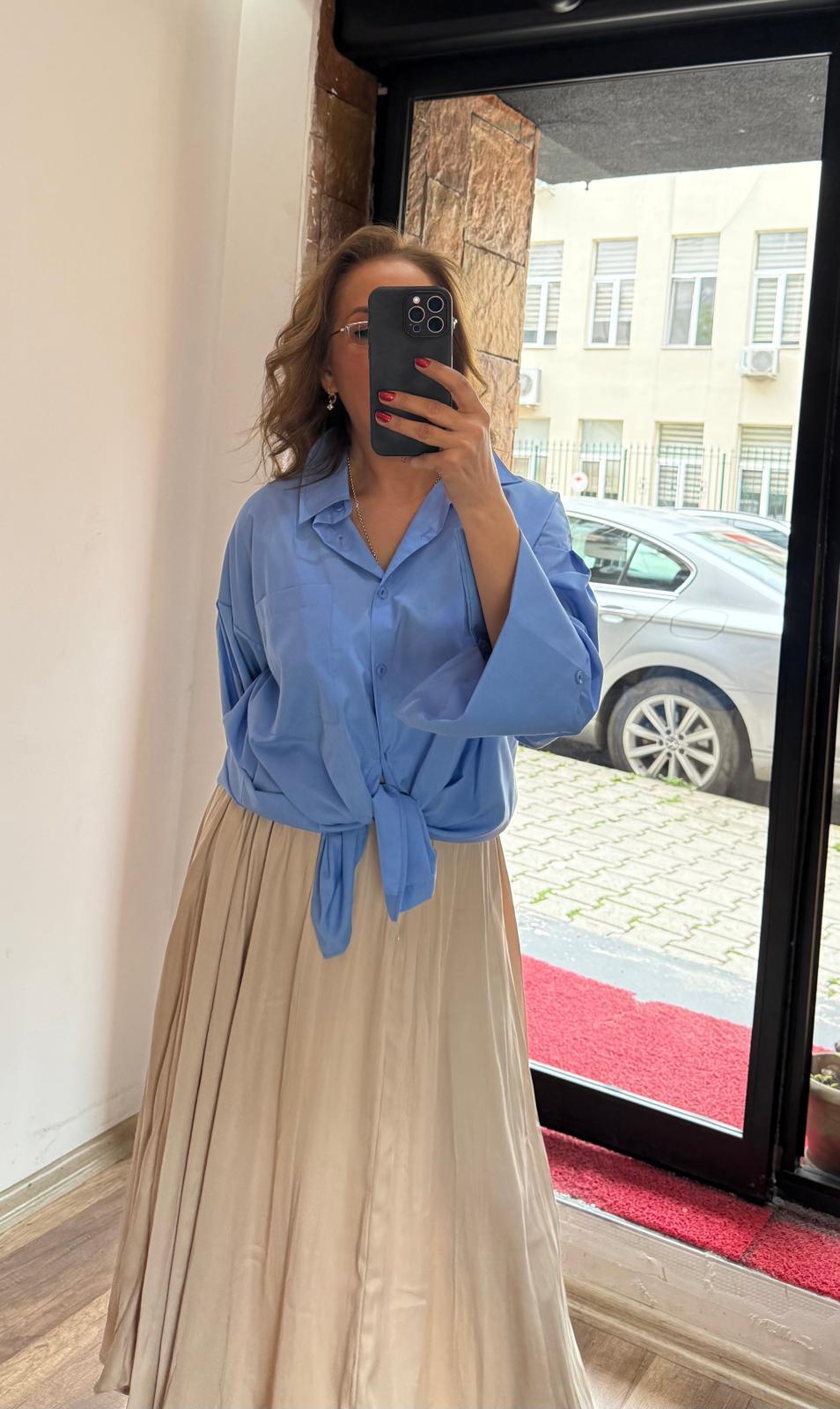 Poplin Kalın Manşet Gömlek Mavi Yeni