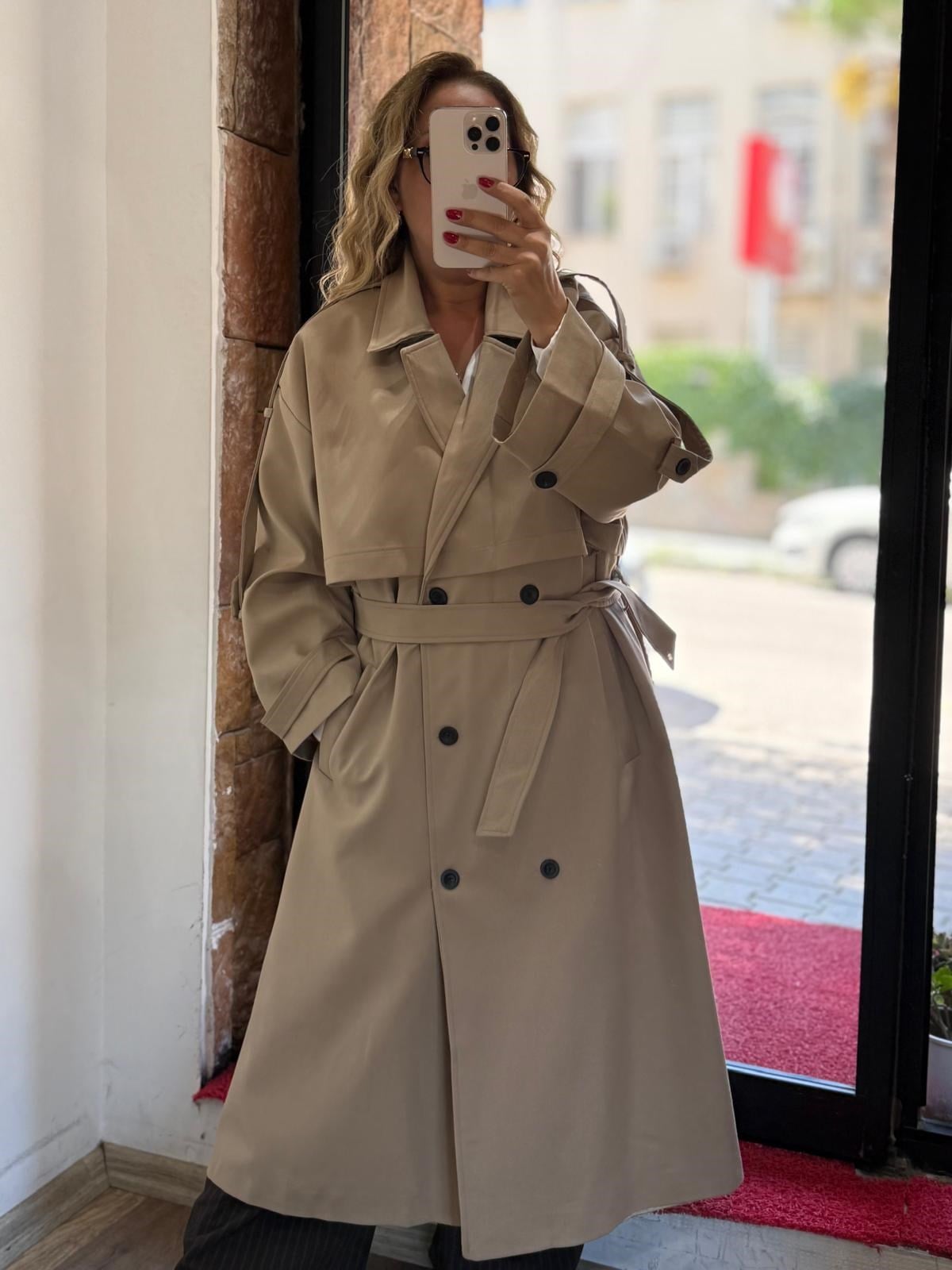 Premium Apoletli Poliviskon Trench Camel