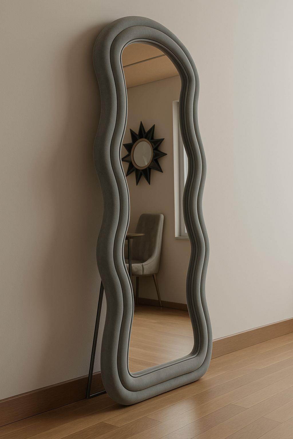 Dalga Formlu Gri Kadife Çerçeveli Boy Aynası (180x80 cm)