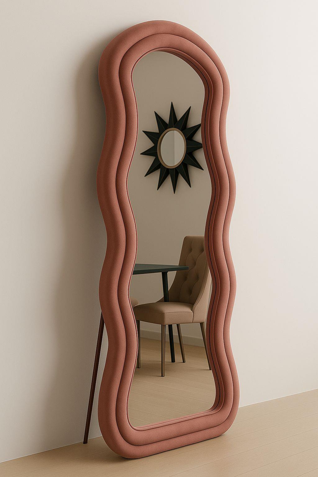 Dalga Formlu Pembe Kadife Çerçeveli Boy Aynası (180x80 cm)