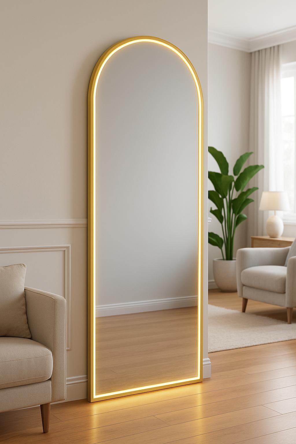 Gold Çerçeveli Gün Işığı Aydınlatmalı Modern Ayna