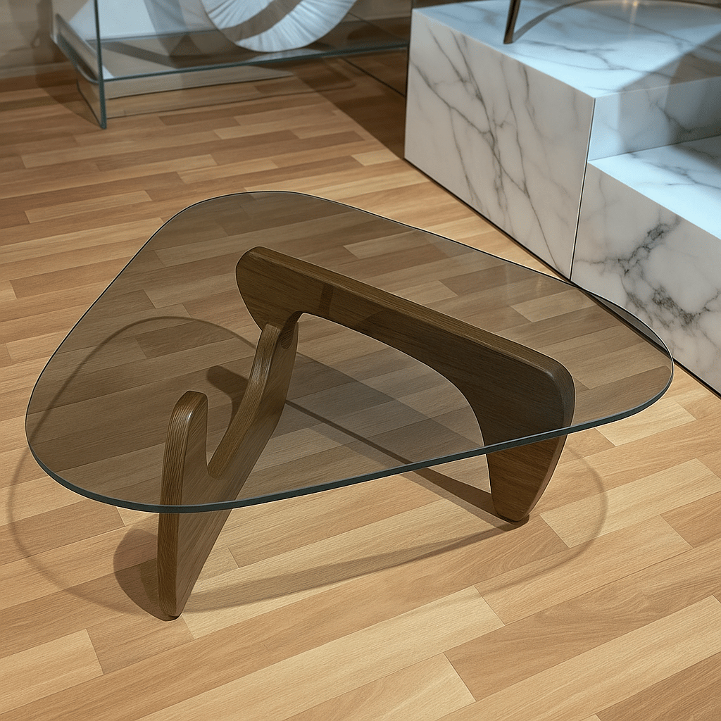 Noguchi Tarzı Duman Cam Orta Sehpa – Organik Formlu, MDF Ayaklı (85 cm)