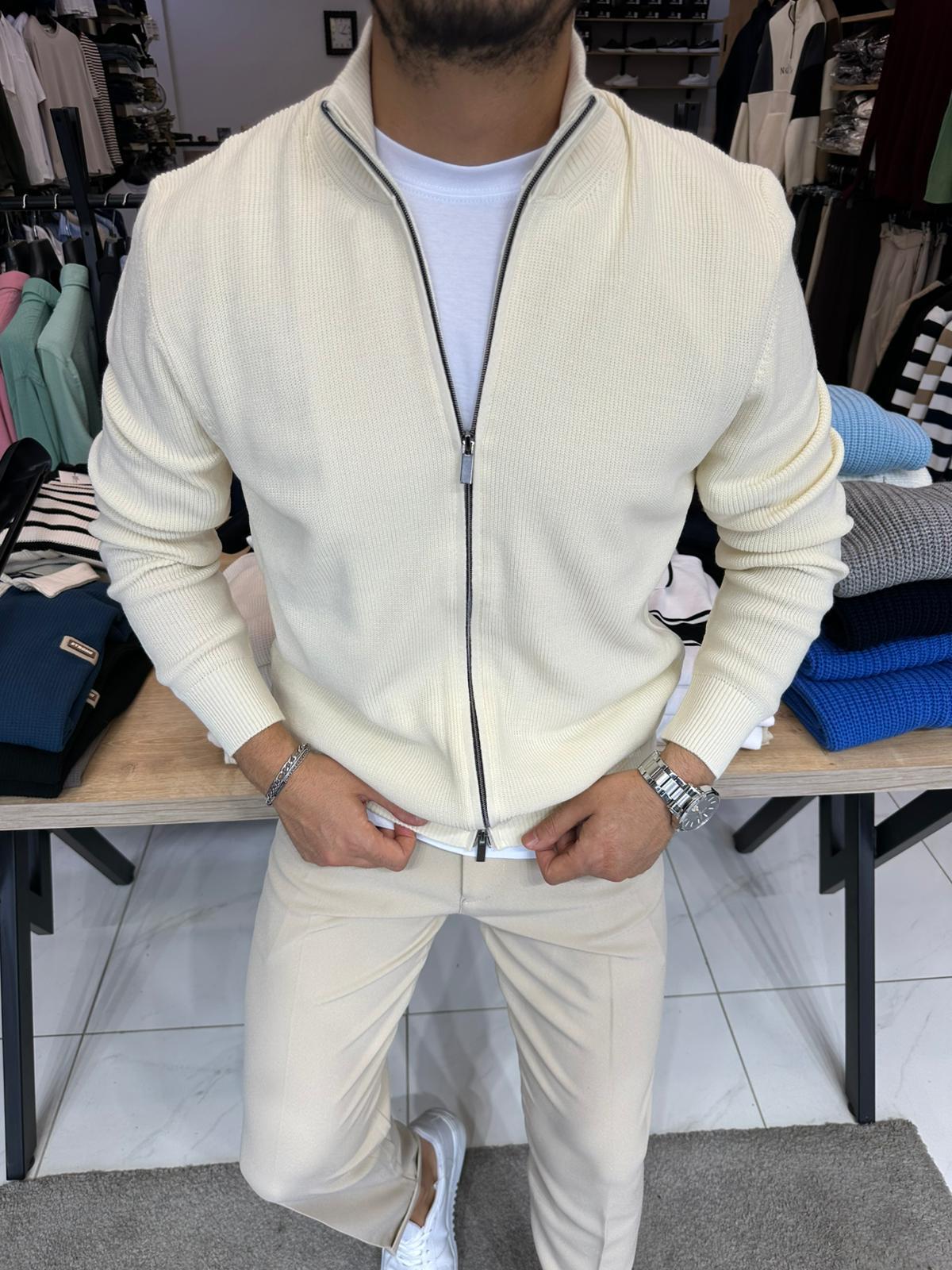 Çift Fermuarlı Hırka Krem