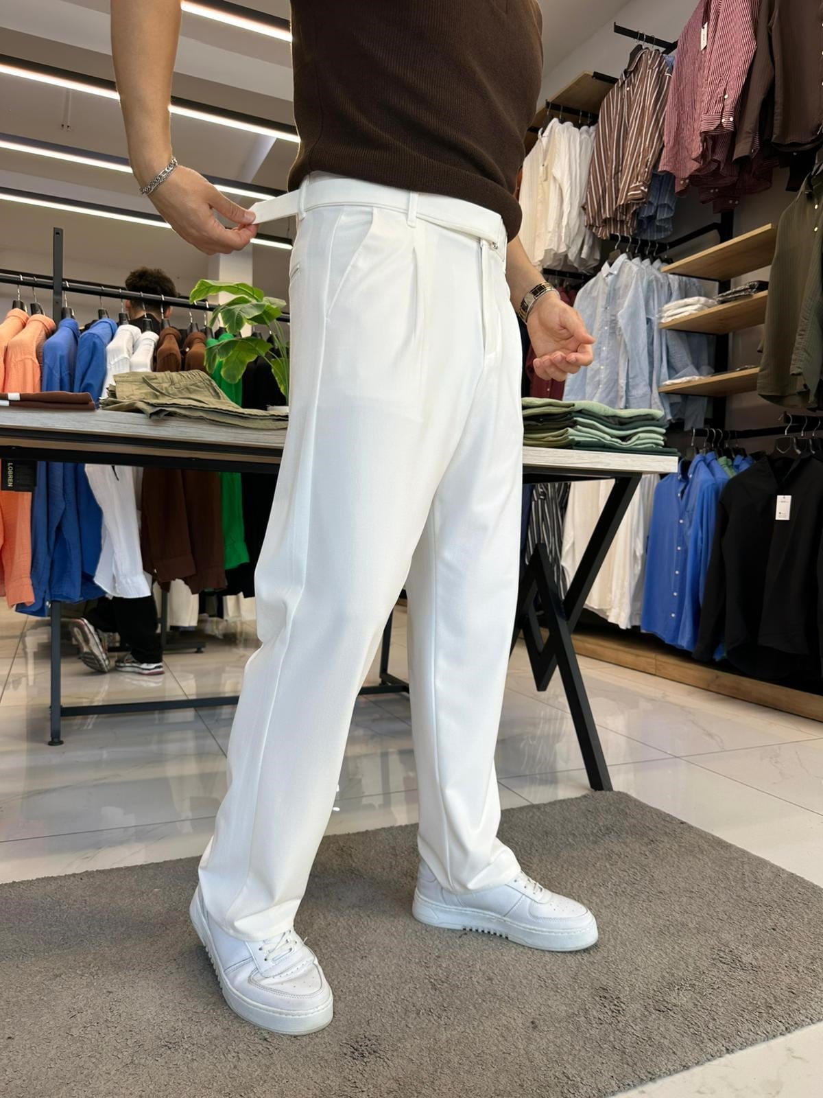 Kemerli Baggy Pantolon Beyaz