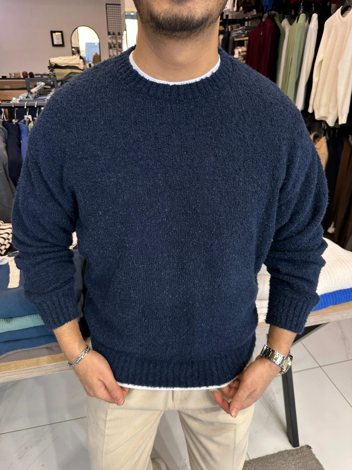 Kıvırcık Örme Kazak Lacivert