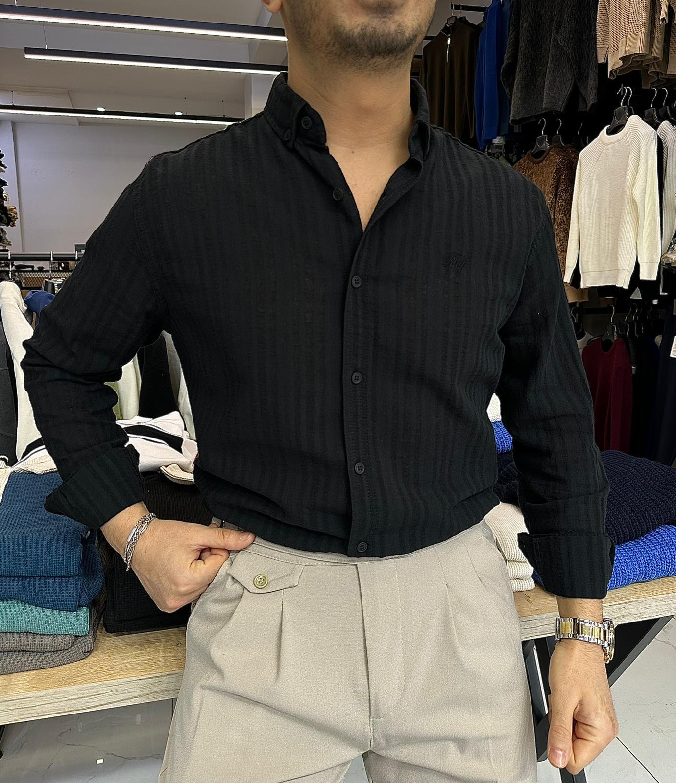 Nakışlı Keten Gömlek Siyah