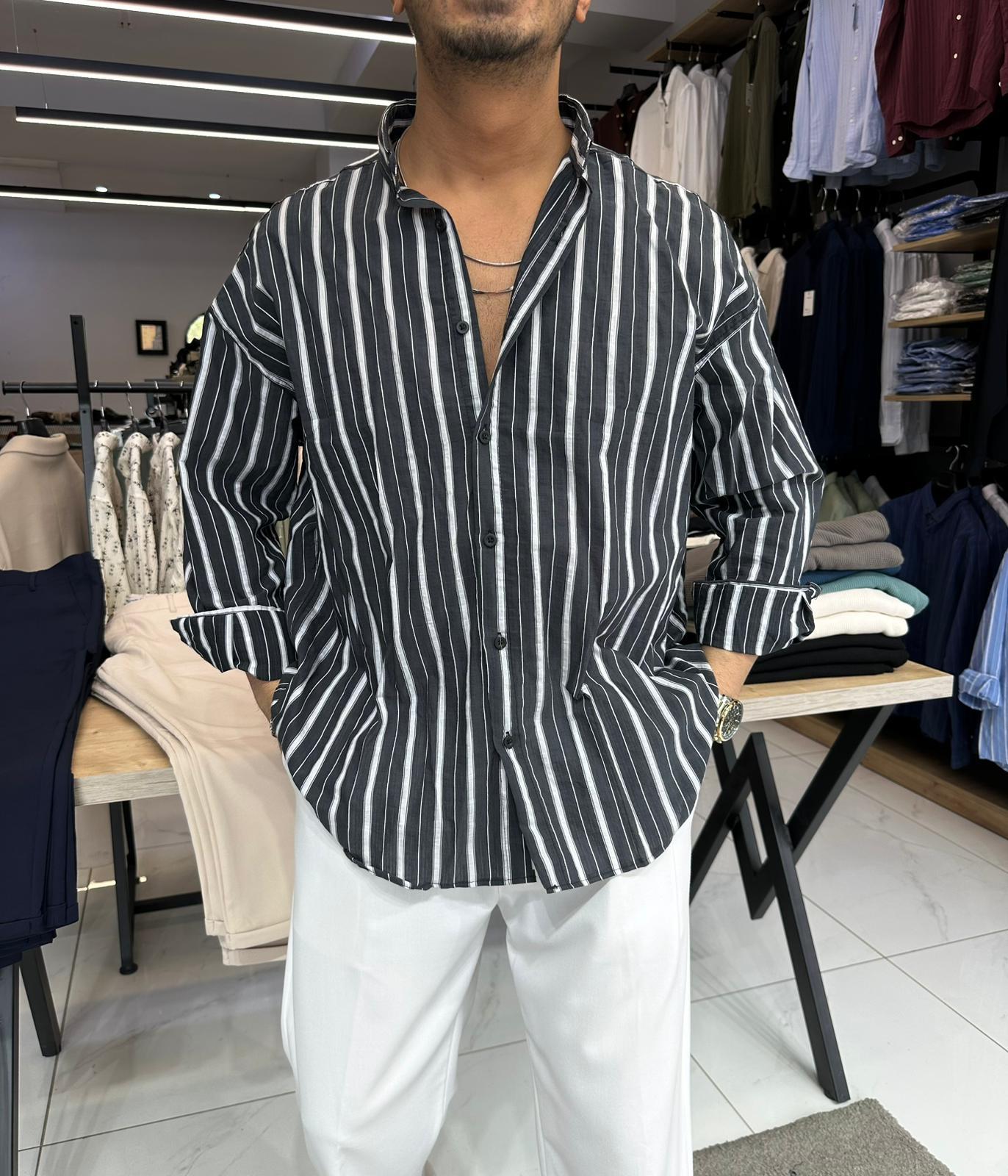 Oversize Çizgili Gömlek Siyah Çizgili