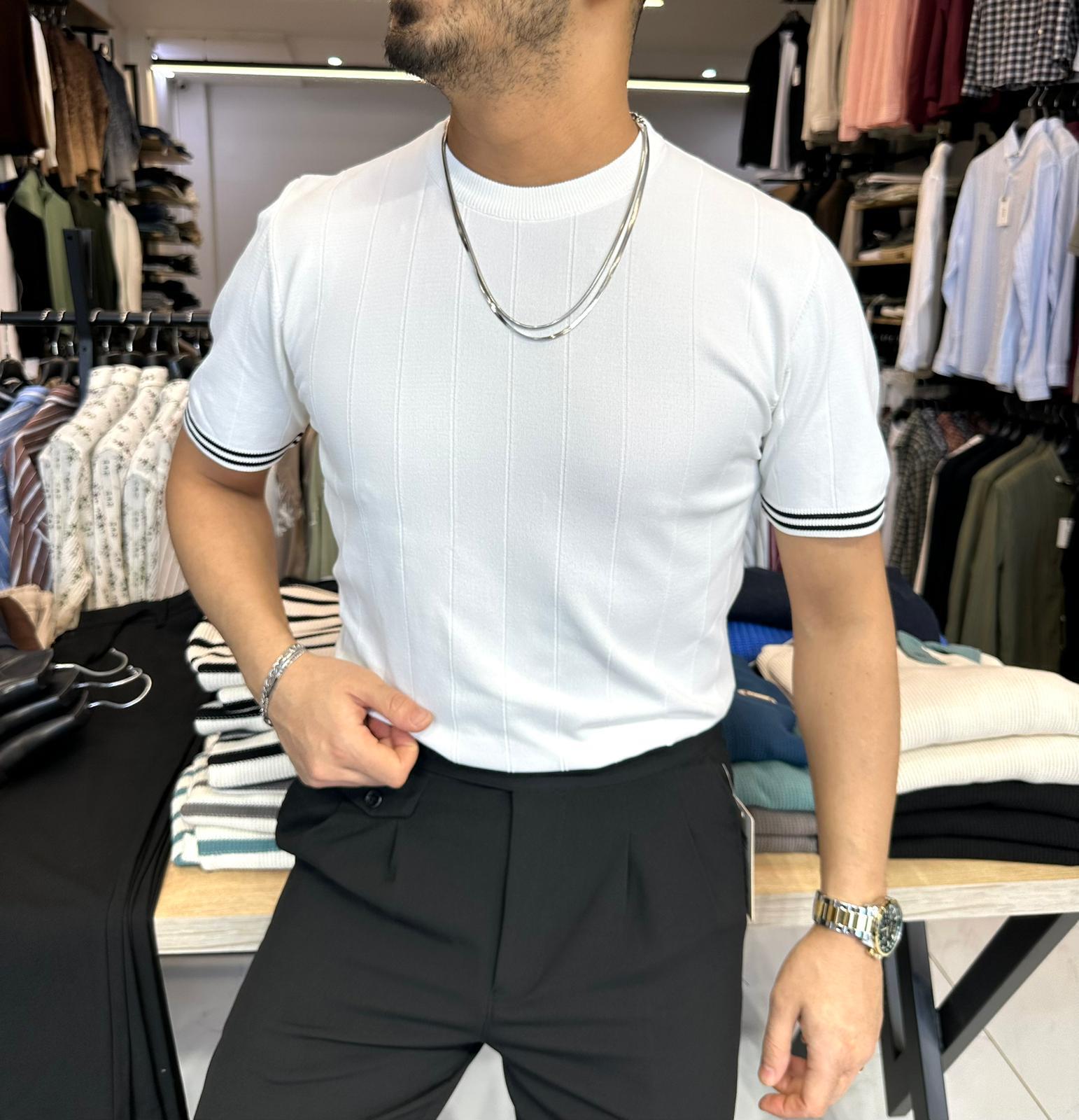 Triko Çizgi Kol Beyaz