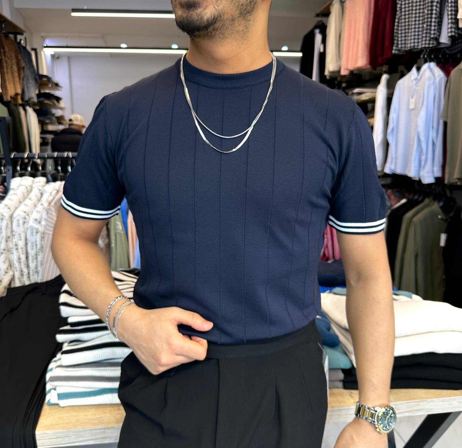 Triko Çizgi Kol Lacivert