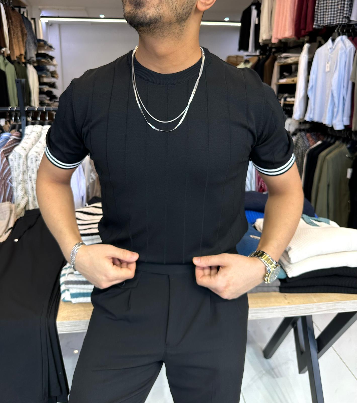 Triko Çizgi Kol Siyah