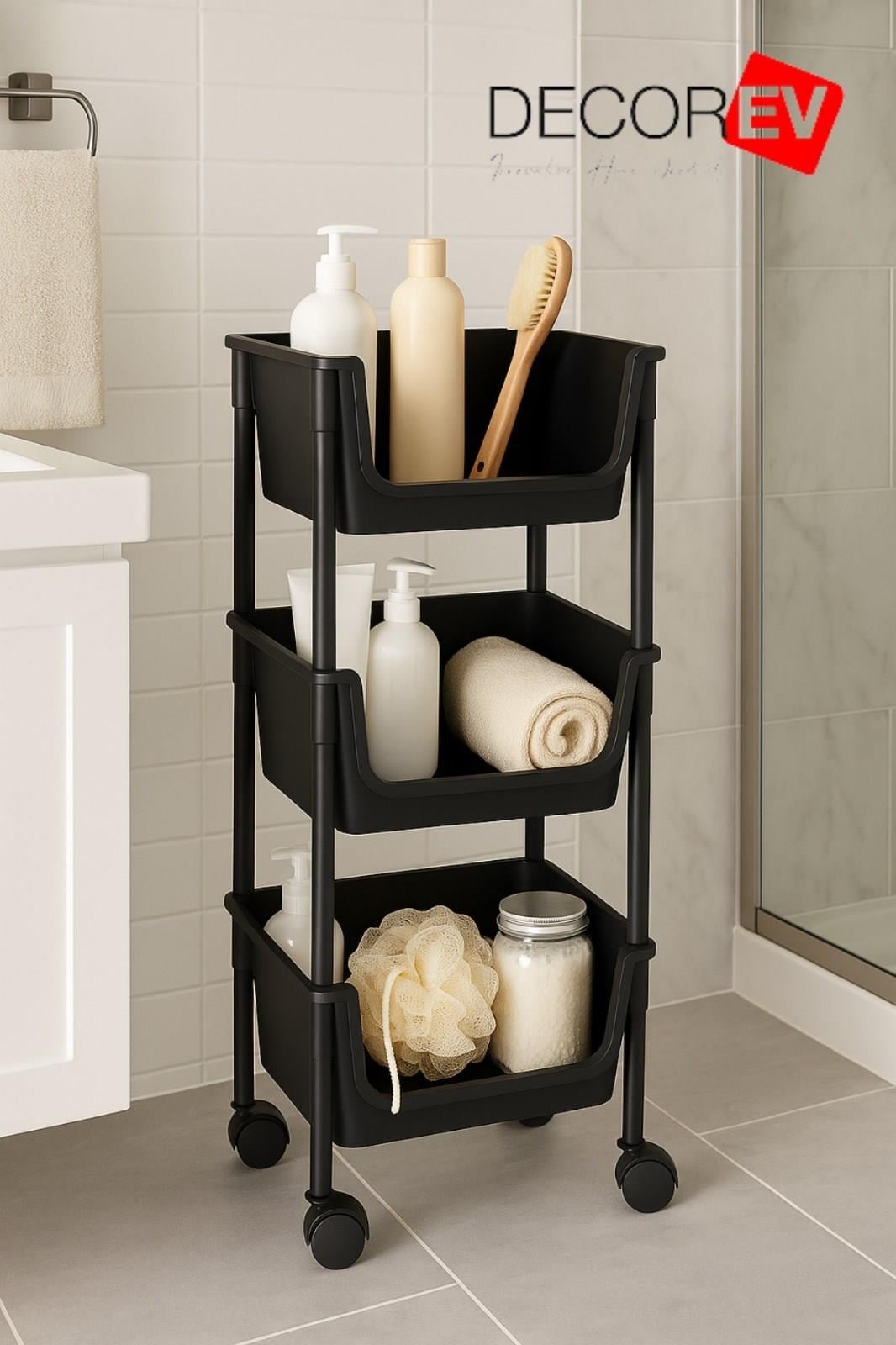 3 Katlı Tekerlekli Plastik Organizer Raf – Çok Amaçlı Mutfak, Banyo ve Ofis Düzenleyici (Siyah)