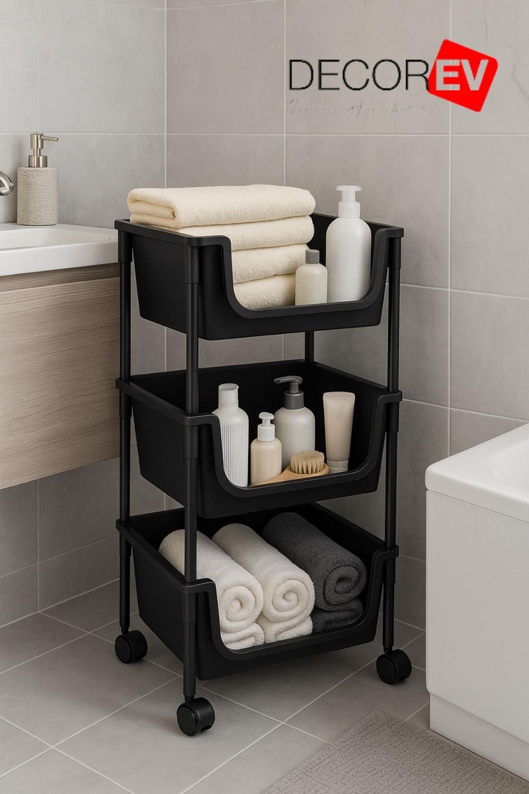 3 Katlı Tekerlekli Plastik Organizer Raf – Çok Amaçlı Mutfak, Banyo ve Ofis Düzenleyici (Siyah)