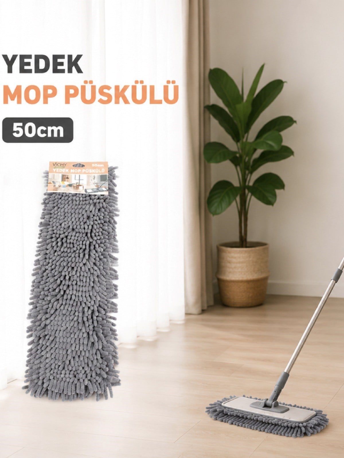 50 Cm Yedek Mop Püskülü Şönil Mikrofiber Makarna Mop Bezi Islak Kuru Kullanım Uyumlu VICHY-7036 
