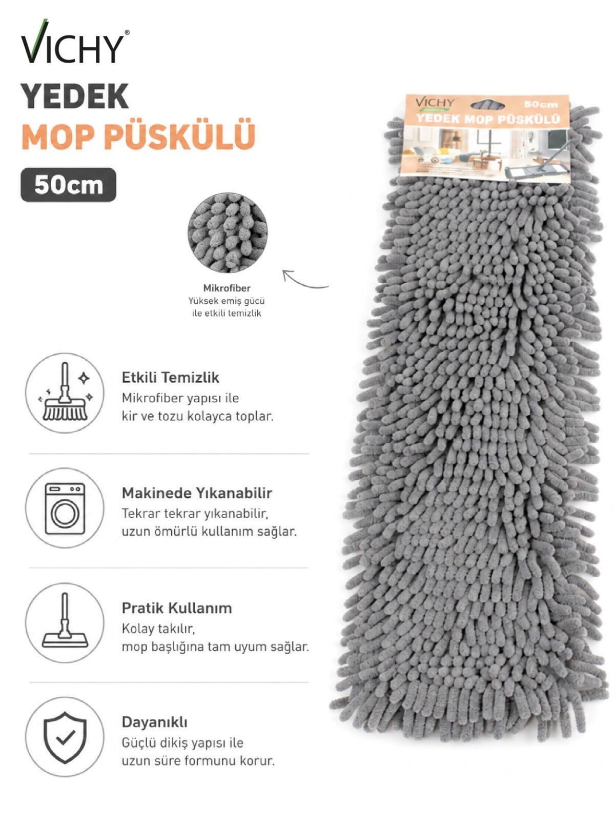 50 Cm Yedek Mop Püskülü Şönil Mikrofiber Makarna Mop Bezi Islak Kuru Kullanım Uyumlu VICHY-7036 