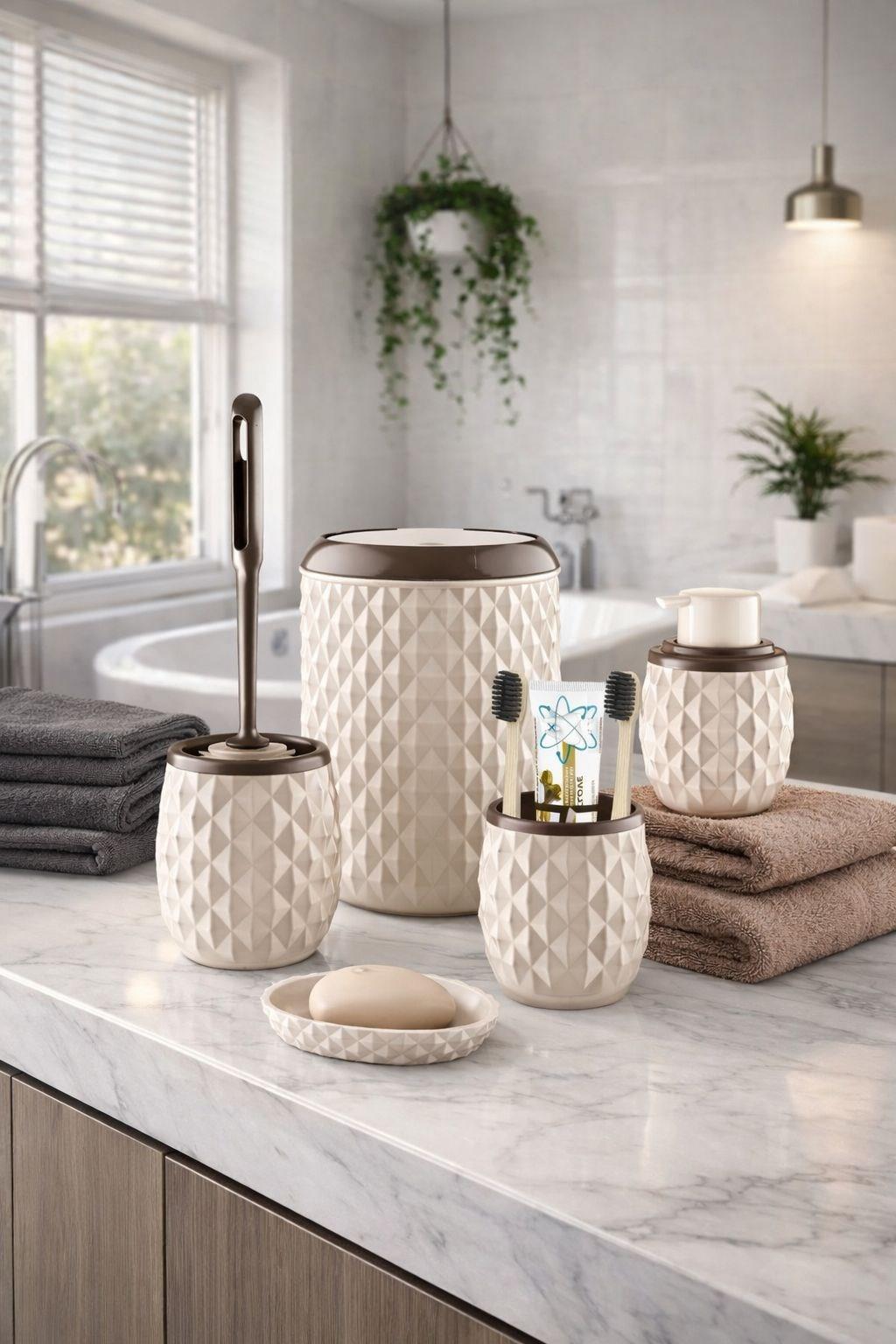 Ananas Desenli Banyo Aksesuar Seti  Click Kapaklı Çöp Kovası Tuvalet Fırçası ve Lavabo Üstü Set  