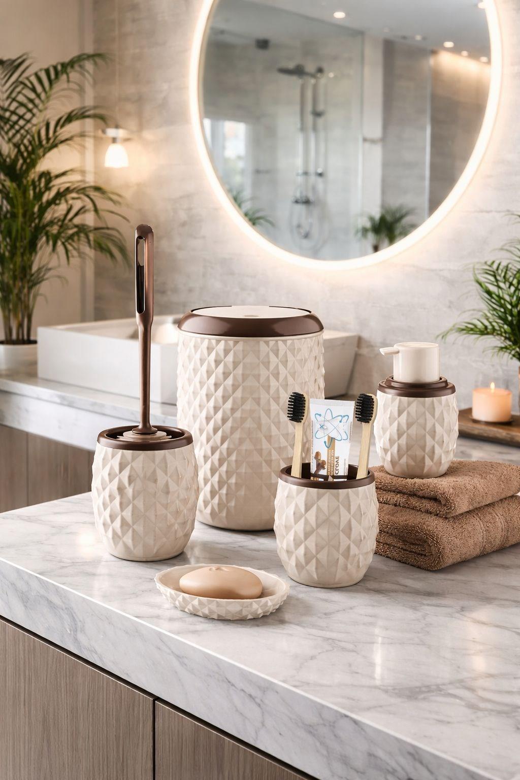 Ananas Desenli Banyo Aksesuar Seti  Click Kapaklı Çöp Kovası Tuvalet Fırçası ve Lavabo Üstü Set  