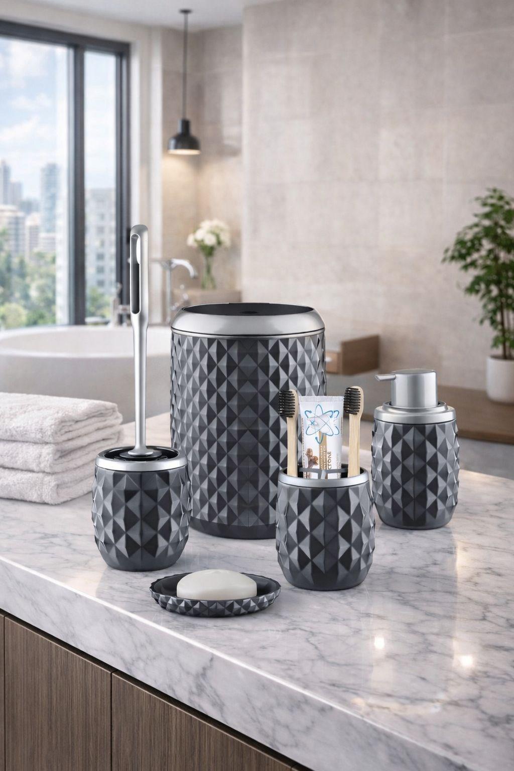 Ananas Desenli Banyo Aksesuar Seti  Click Kapaklı Çöp Kovası Tuvalet Fırçası ve Lavabo Üstü Set  