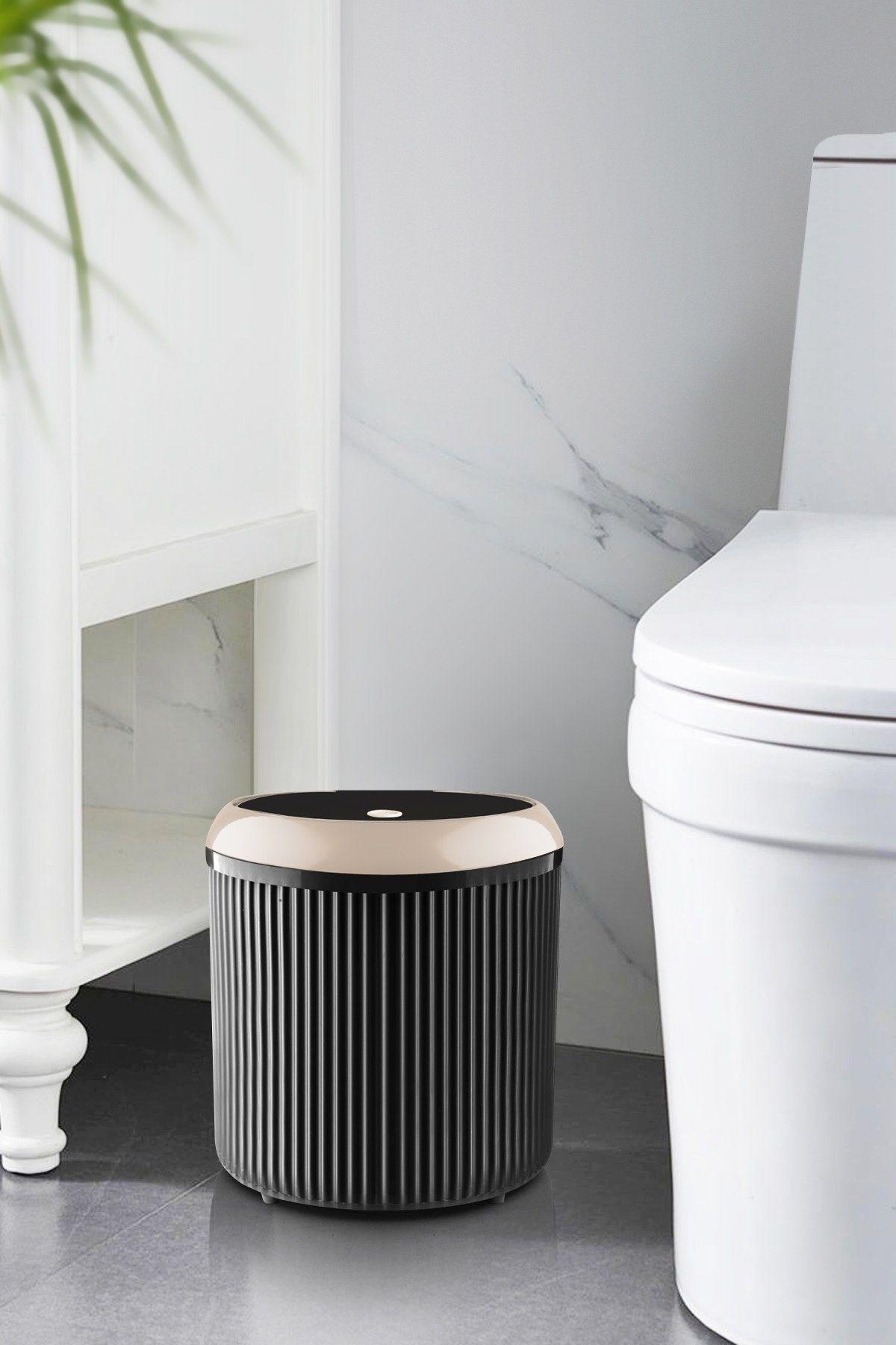 Decorev 5 Litre Bej Click Kapaklı Modern Çizgili Çöp Kovası
