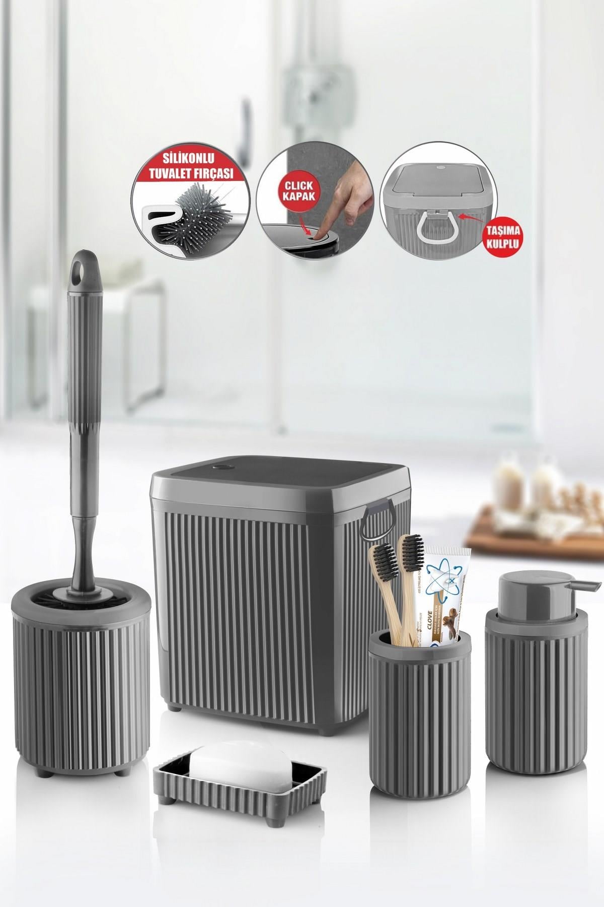 Decorev 5 Parça Gri Click Kapaklı Silikon Fırçalı Taşıma Kulplu Banyo Seti – 5 Litre