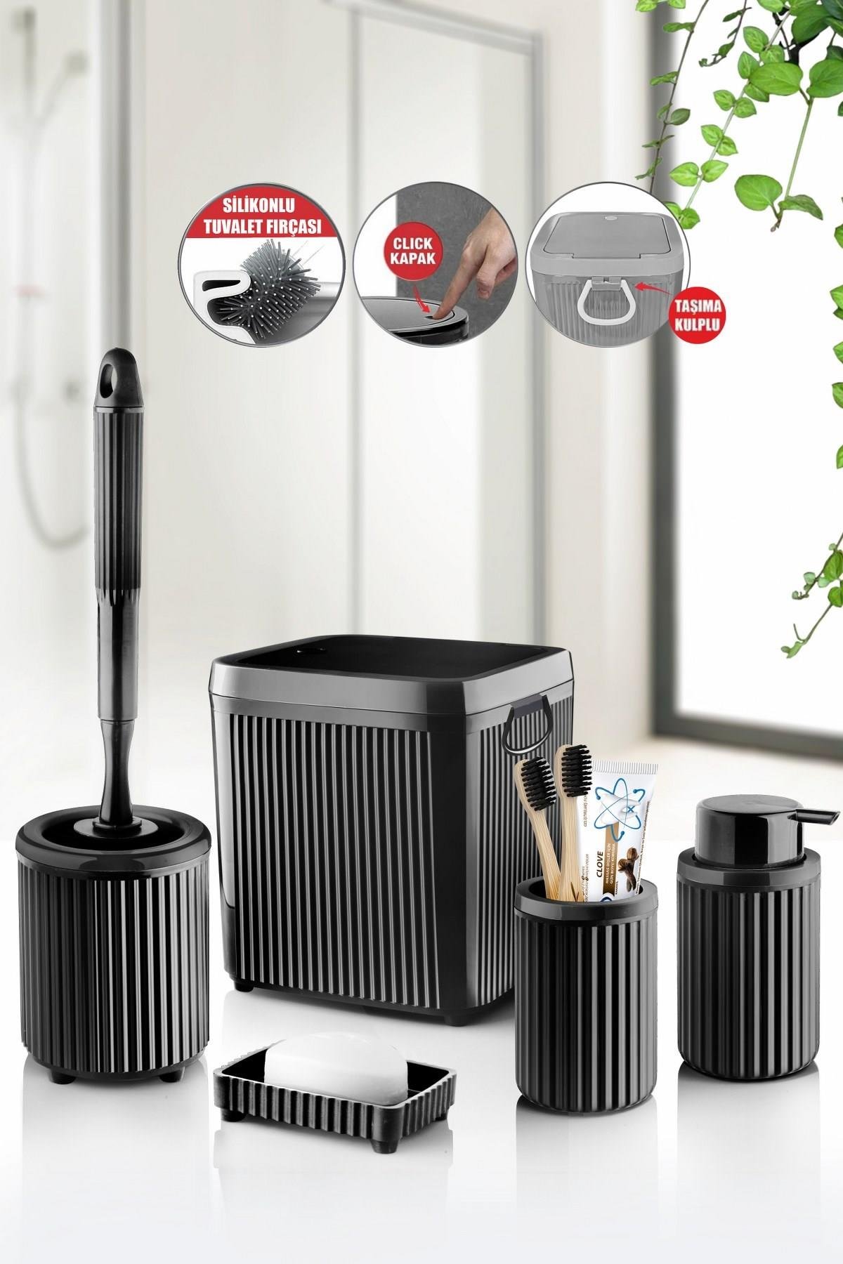 Decorev 5 Parça Siyah Click Kapaklı Silikon Fırçalı Taşıma Kulplu Banyo Seti – 5 Litre