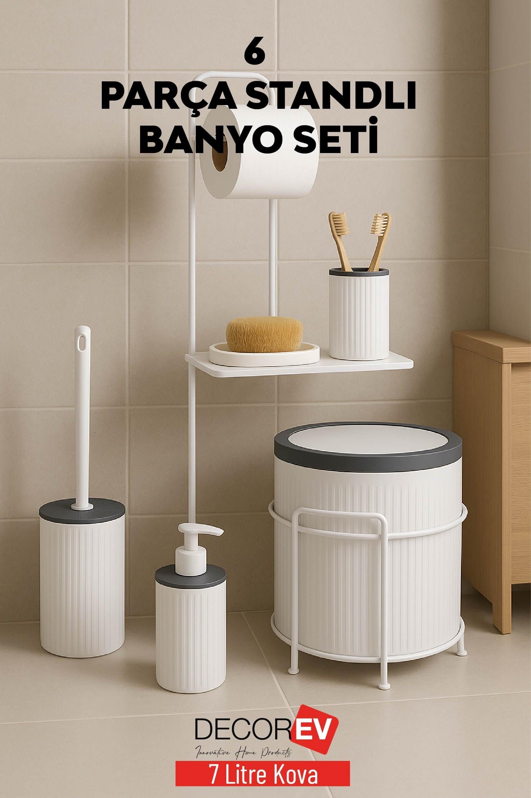 Decorev 6 Parça Standlı Banyo Seti 7 Litre Çöp Kovası Tuvalet Kağıtlığı Sabunluk Fırçalık Banyo seti