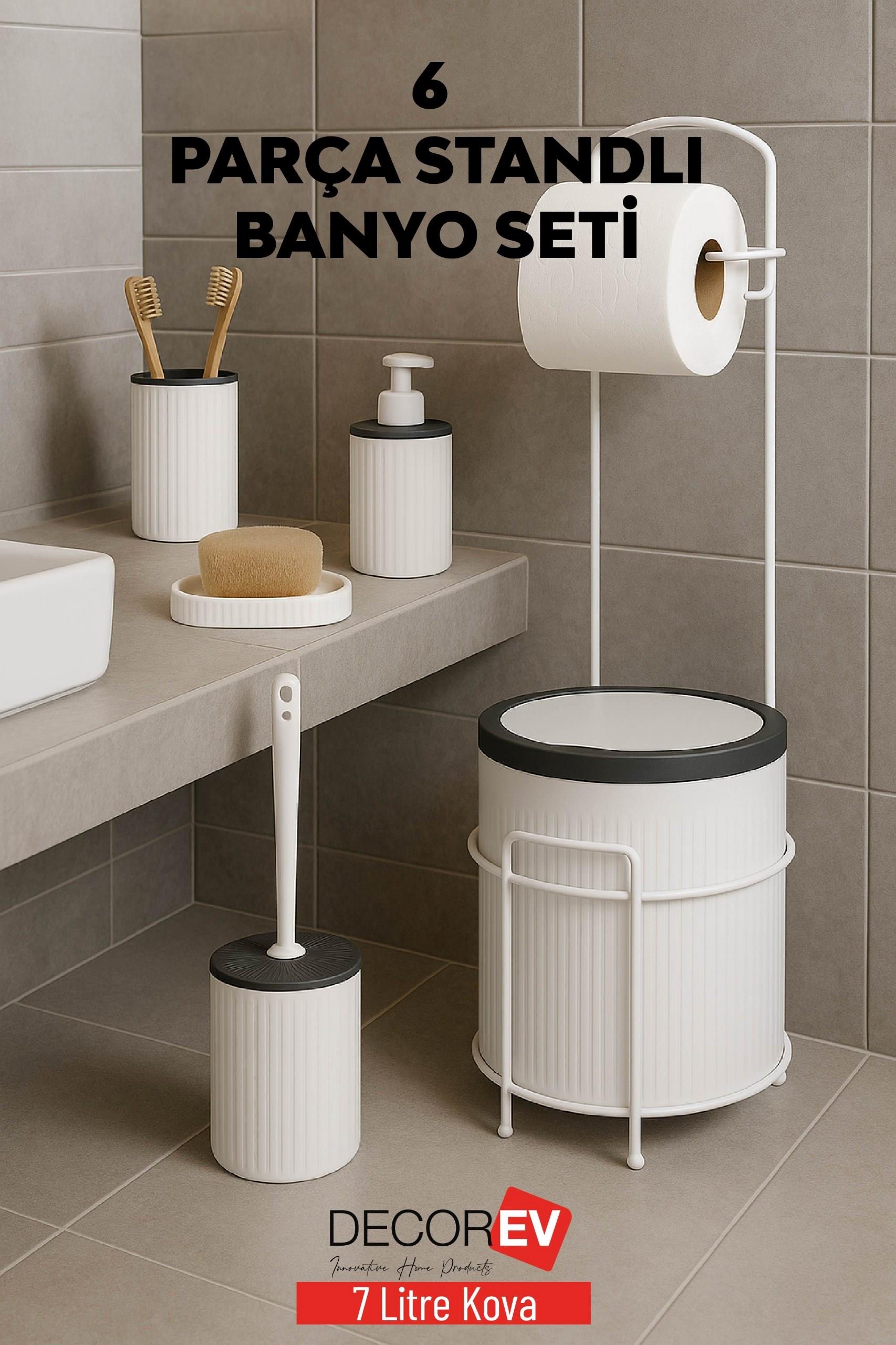 Decorev 6 Parça Standlı Banyo Seti 7 Litre Çöp Kovası Tuvalet Kağıtlığı Sabunluk Fırçalık Banyo seti