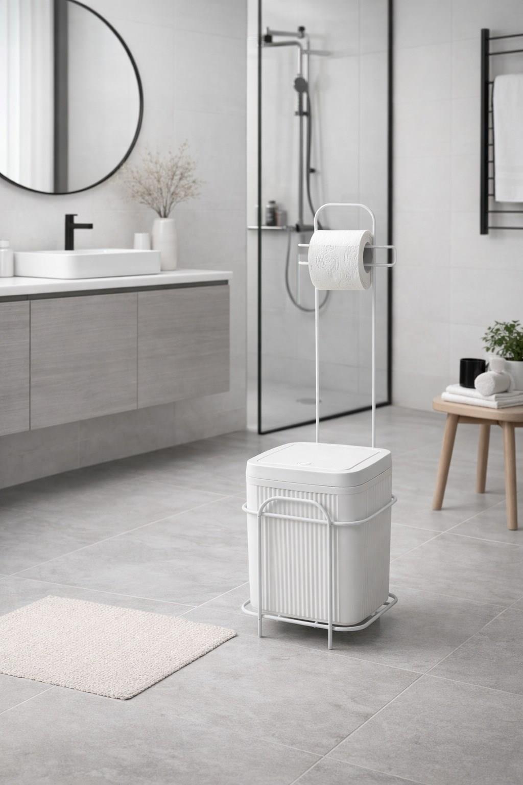 Decorev Metal Standlı Click Kapaklı Banyo Kovası & Tuvalet Kağıtlıklı Banyo Seti 