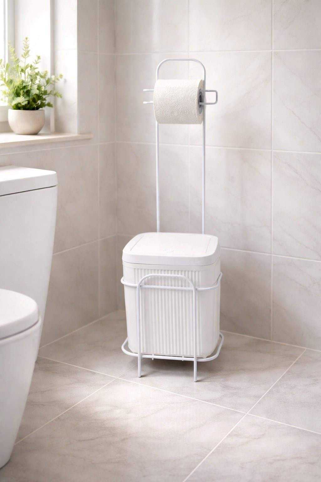 Decorev Metal Standlı Click Kapaklı Banyo Kovası & Tuvalet Kağıtlıklı Banyo Seti 