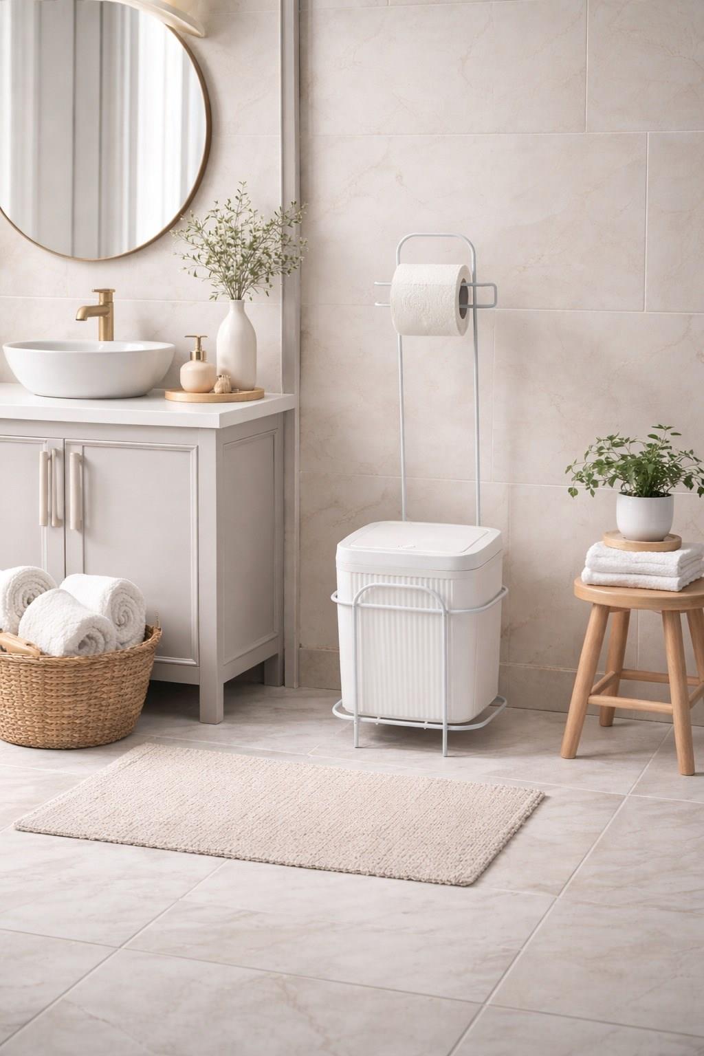 Decorev Metal Standlı Click Kapaklı Banyo Kovası & Tuvalet Kağıtlıklı Banyo Seti 