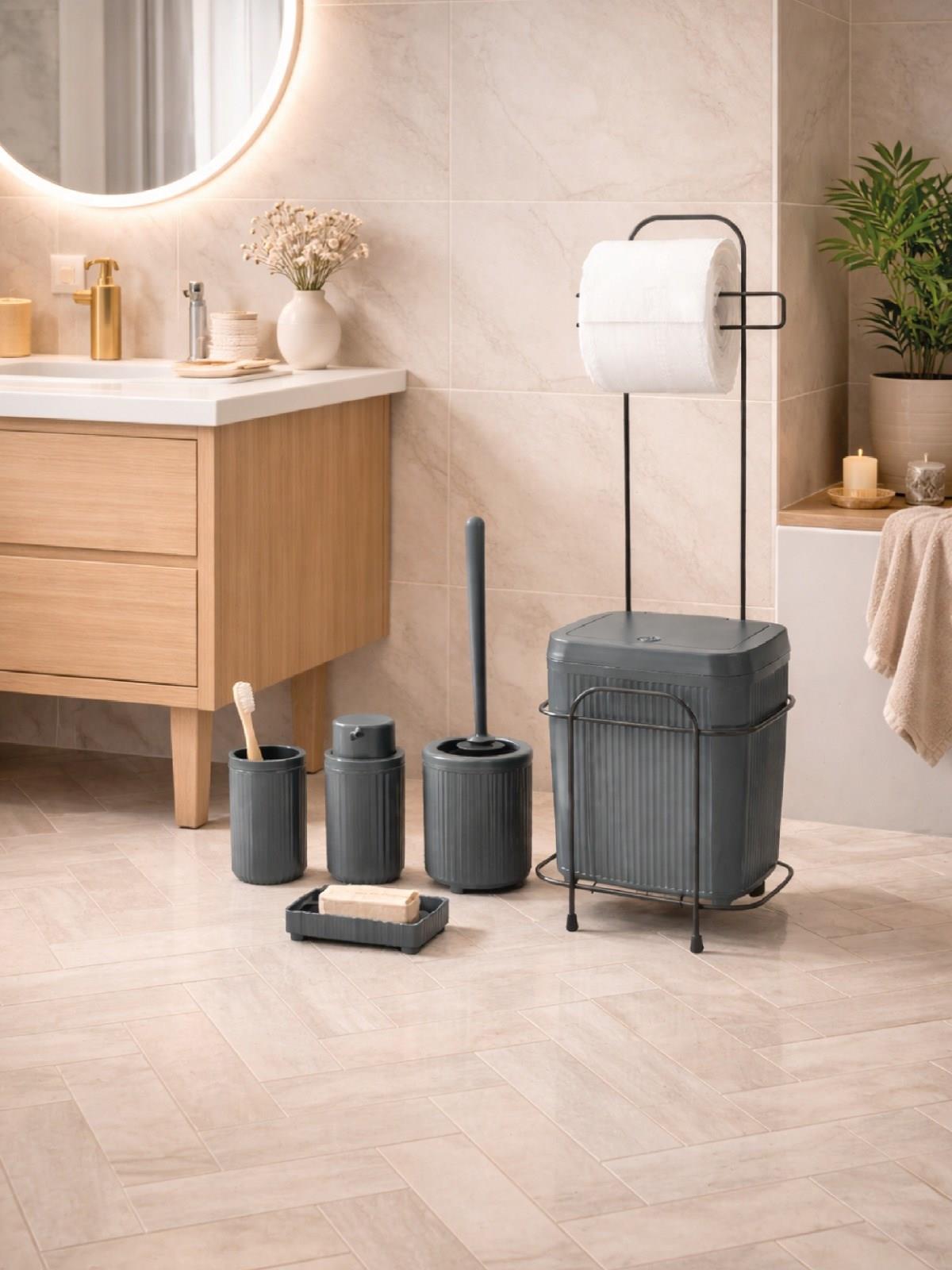 DECOREV  Standlı Antrasit 5 Parça Click Kapaklı Banyo Seti DC-6804